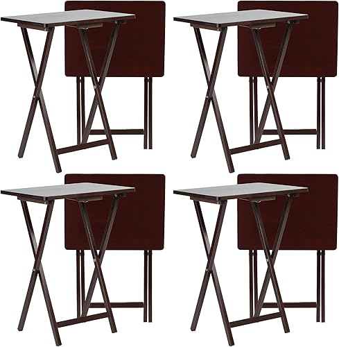 PJ Wood Bandeja plegable portátil de madera sólida y resistente, soporte para servir mesa de TV, color marrón espresso (juego de 8 piezas)