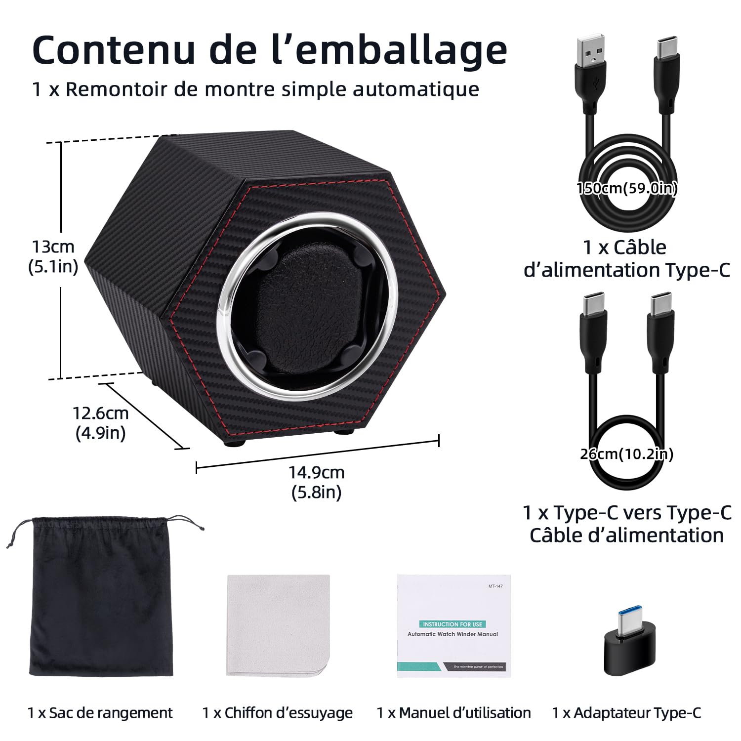 Mcbazel Remontoir de Montre Automatique Rotatif 1 Slot - Boîte Hexagonale en Cuir PU avec Port Type-C - Fibre de Carbone