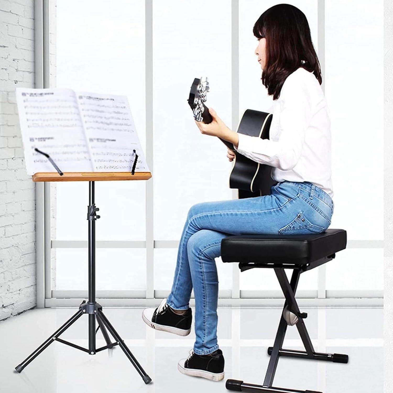 Sheet Music Stand with Bamboo Material, Folding Book Stand with 350° Adjustable Angle Thickened Steel Pipe Bracket 0.88-1.45M Music Clips, Desktop Book Stand for Common Musical Instruments