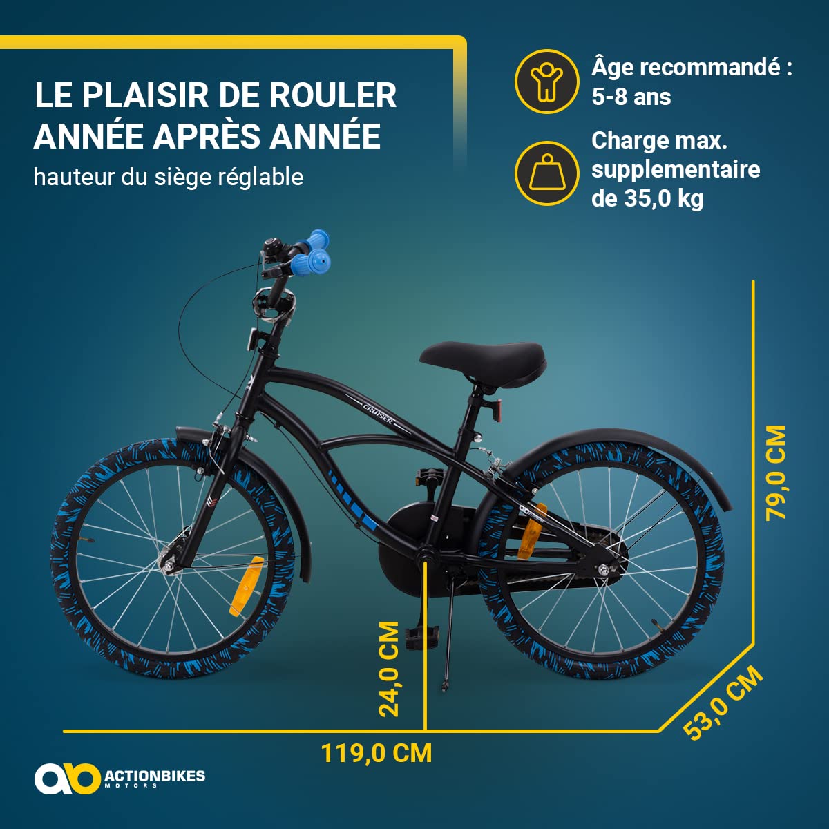 Actionbikes Vélo Enfant Cruiser - 18 Pouces - Frein Caliper - Roue Libre - Garde-chaîne - Support vélo - Pneus gonflables - Vélo Enfant - VTT - De 5 à 8 Ans