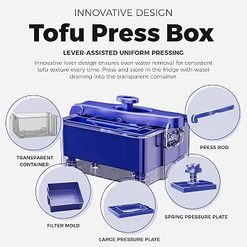 Tofu Press - Tofu Presser Fast and Efficient Water Removal for Silken to Extra Firm Tofu - Enhances Flavor and Texture for Vegan Dishes - Dishwasher Safe Press Box for Optimal Firmness