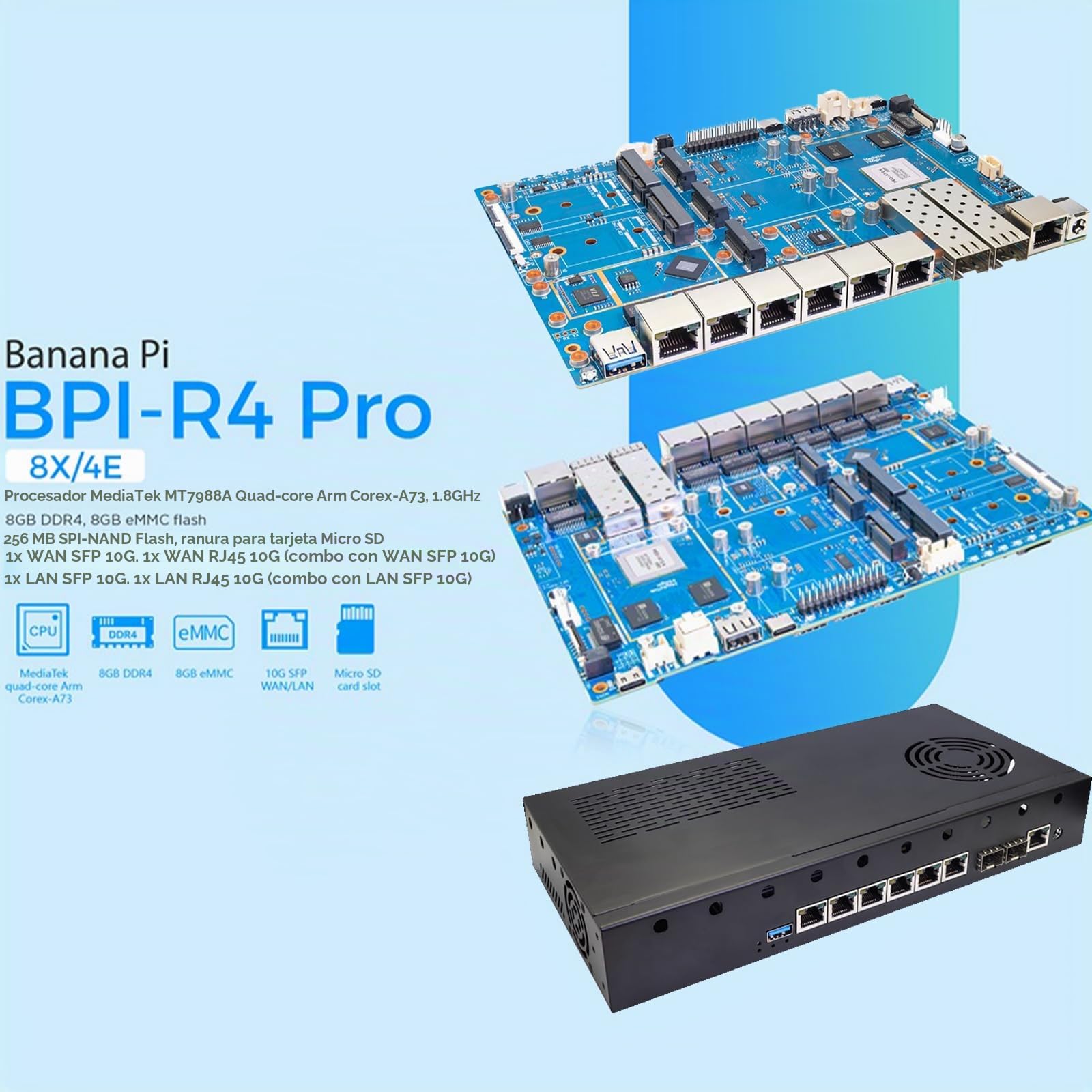 Banana Pi BPI R4 Pro WiFi 7 Router OpenWrt, MT7988A CPU 4/8GB DDR4 RAM 4X 2,5G Ethernet Port 2X 10G Fibra óptica Port Soporta 4G/5G, para Smart Home NAS Gateway Internet Service Router (KIT2,8 GB RAM)
