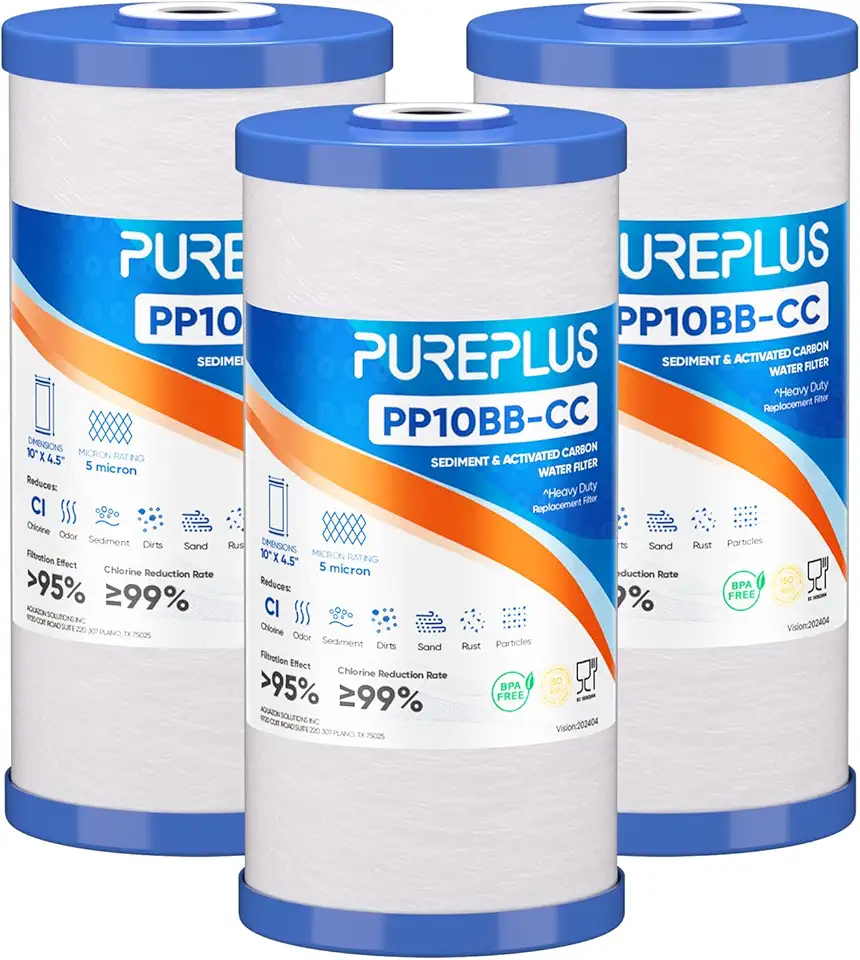 PUREPLUS 5 Micron 10" x 4.5" FXHTC Whole House Big Blue Sediment and Carbon Water Filter Replacement Cartridge for GE GXWH40L, GXWH35F, GNWH38S, Culligan RFC-BBSA, WRC25HD, RFC-BB, PP10BB-CC,3Pack