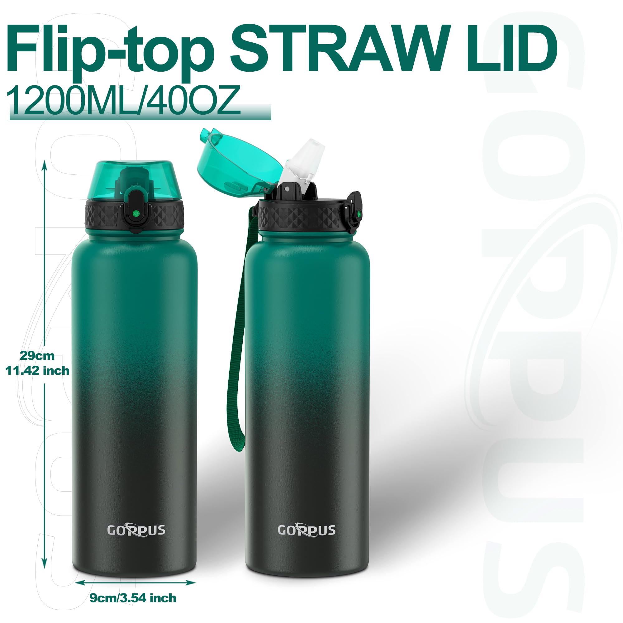GOPPUS 1.2L/40oz Stainless Water Bottle with Straw Double Wall Insulated Bottles with Strap Large Vacuum Thermal Flask Leakproof Keep Cold Drinks Bottles with Flip Top Lid for Men Women BPA Free - Image 4