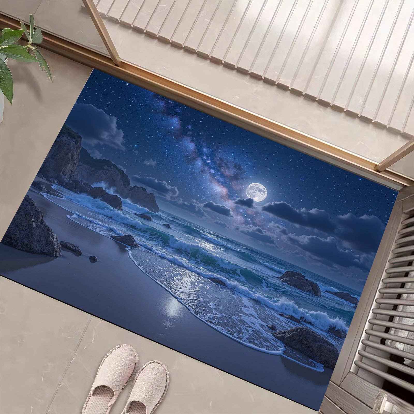 Paillasson bleu foncé scène de plage 60x90 cm avec motif pleine lune et vagues de mer