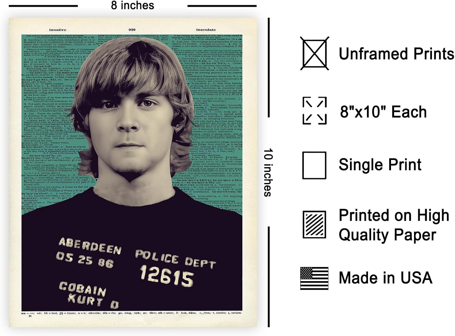Poster Master Rock Mugshot Print - Retro Vocalist Portrait Poster - Dictionary Art - Songwriter Musician Wall Design - Great Bedroom or Living Room Decor - 8x10 UNFRAMED Wall Art