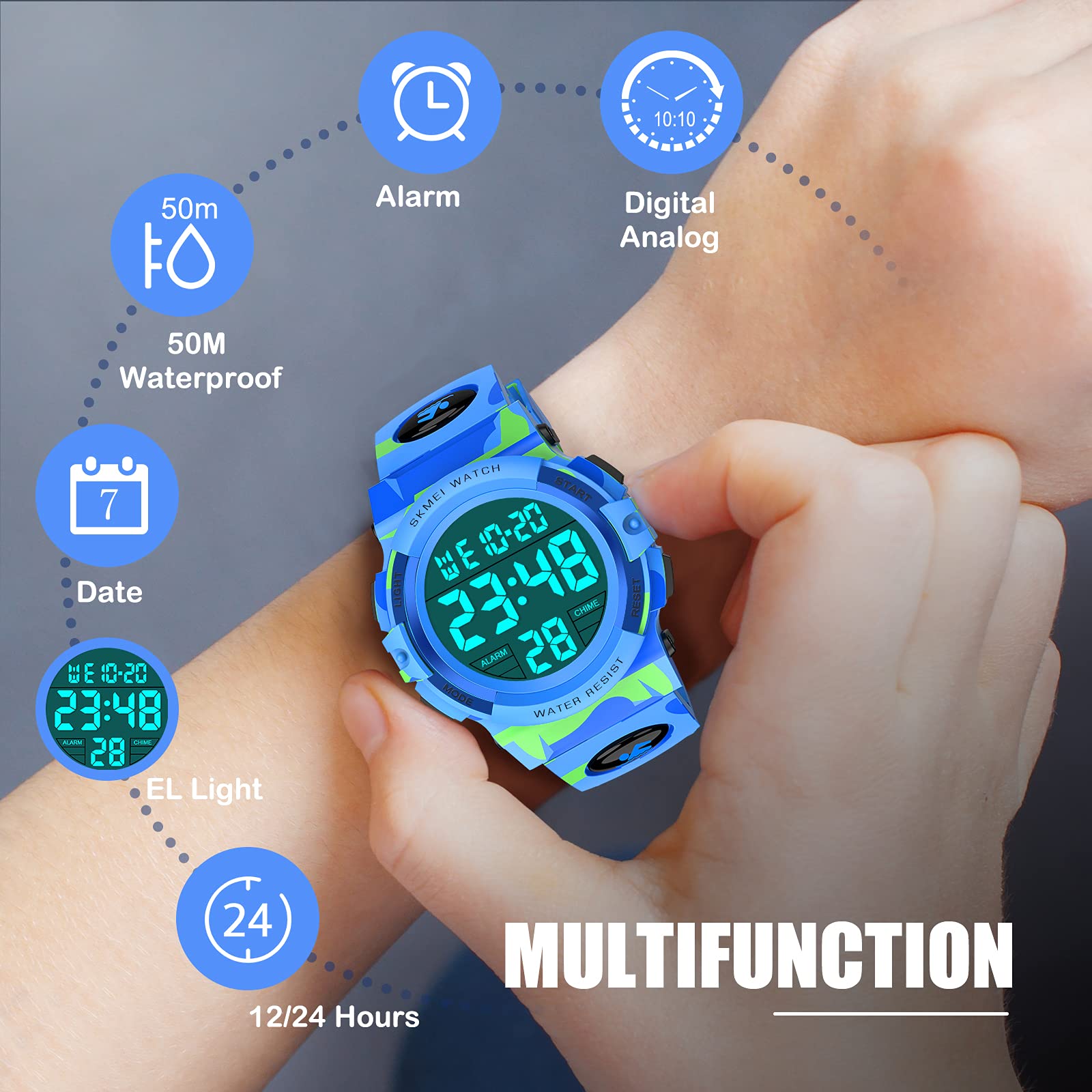 Dislocati Orologio Digitale Bambino, Orologio Sportivo Multifunzionale Impermeabile, Regali per Bambini e Ragazzi