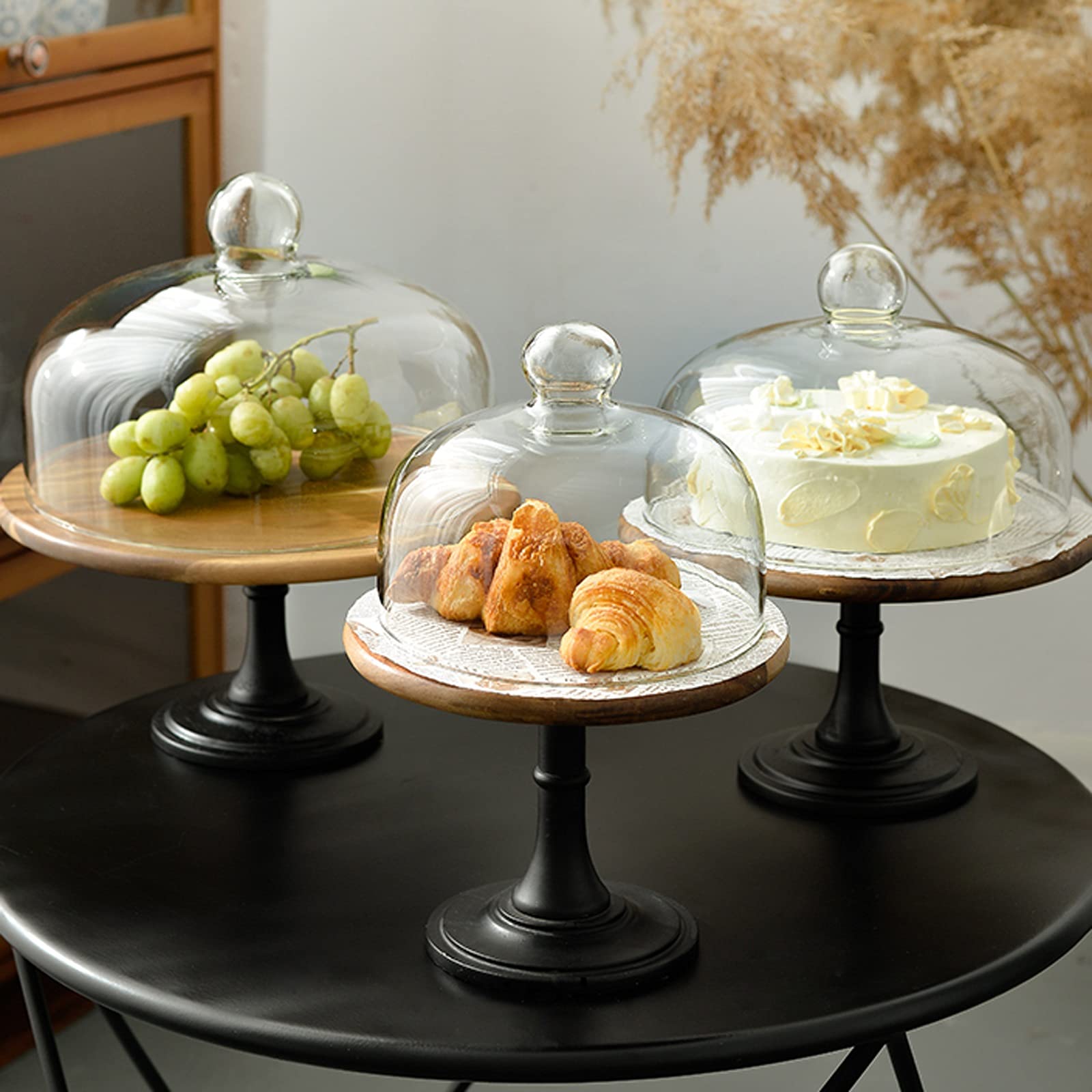 caihuashopping Patera na ciasto w stylu retro ze szklaną pokrywą, drewniana tabela deserów, wesele, imprezę, wielofunkcyjna, stojak na ciasto, stojak na tort (rozmiar: duży)