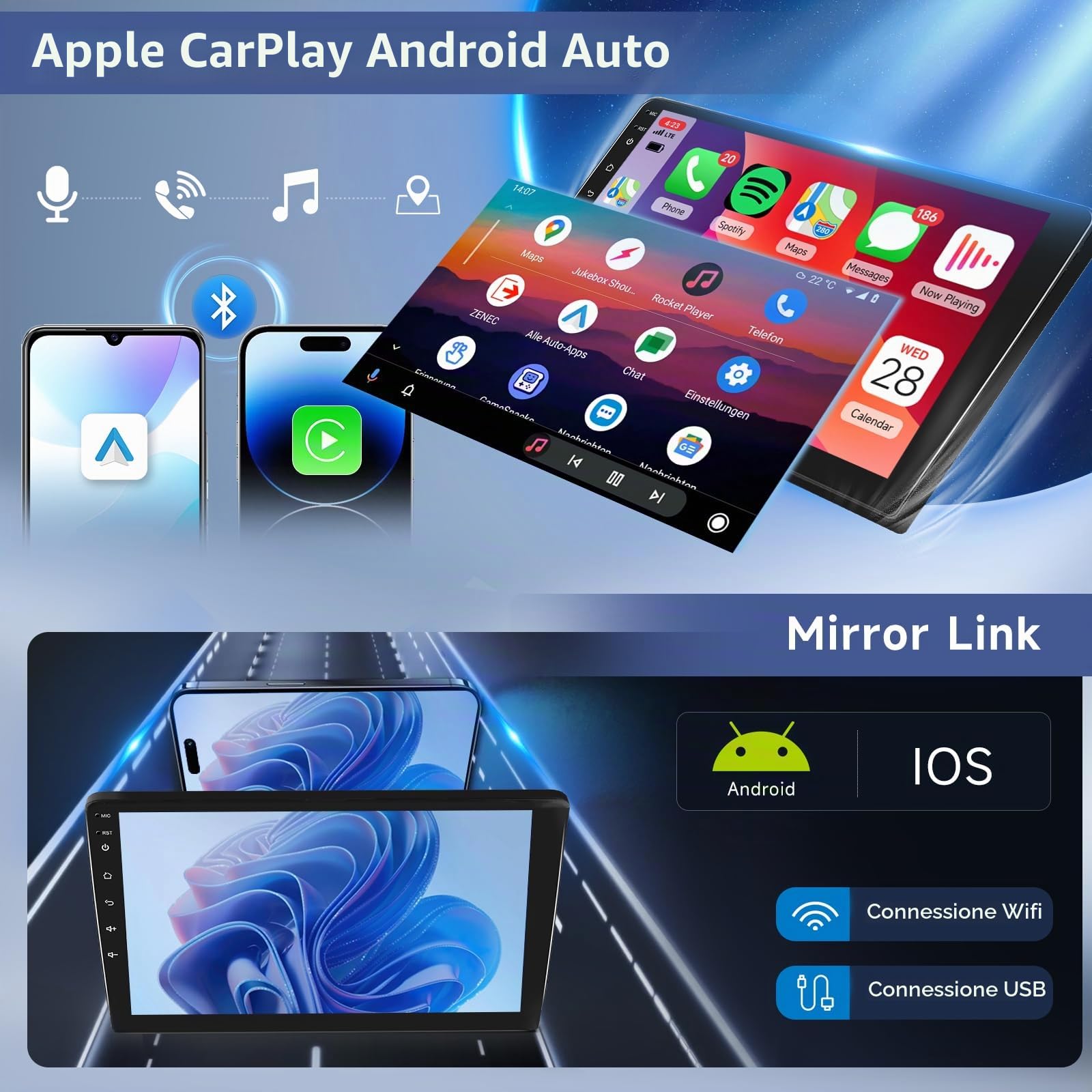 Hodozzy 4G+64G Android 2 Din 10,1 Pollici Touch Screen Autoradio con Navigazione GPS Bluetooth Radio Wireless Carplay Android Auto, Stereo 2 Din WiFi Mirror Link FM/RDS EQ/USB/SWC+ Telecamera