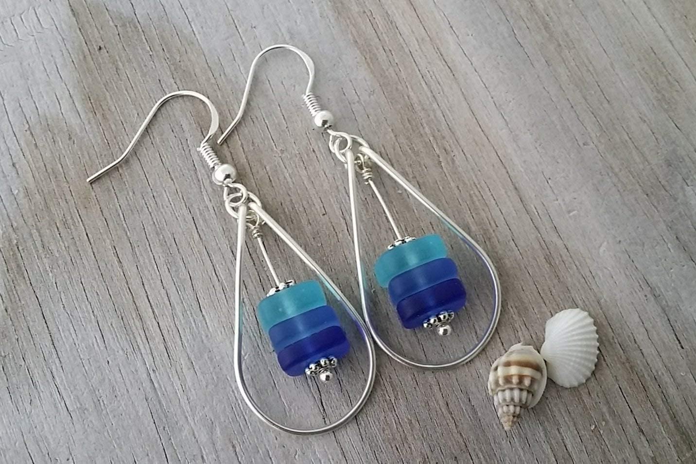 Handmade Sea Glass Earrings For Women, Hawaiian Jewelry for Women, Wire Loop Triple Blue Earrings, Beach For Women, Unique Earrings for Women, Sea Glass Jewelry, Handmade Earrings