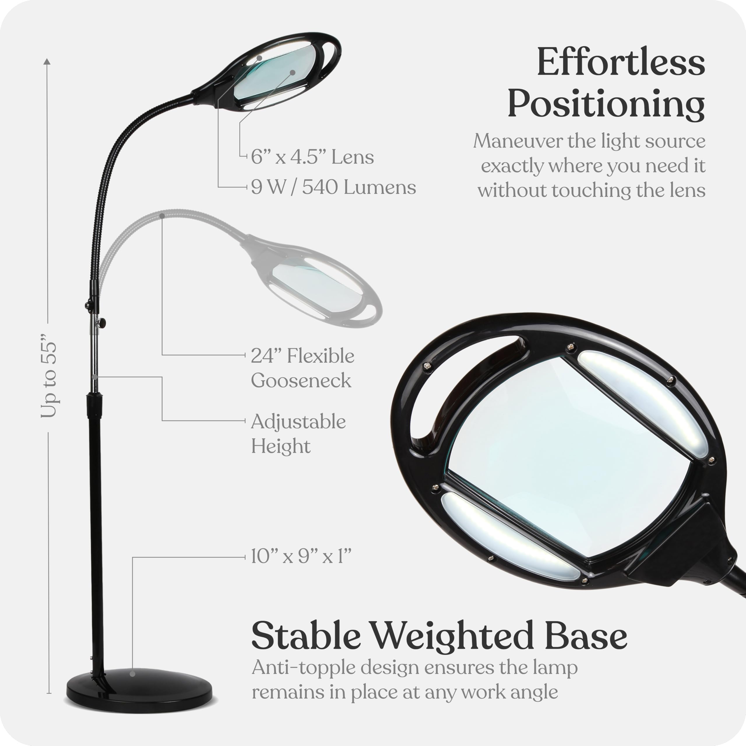 Brightech LightView Pro - Lampada da terra con ingrandimento a pagina intera - Lente d'ingrandimento a mani libere con luce a LED brillante per la lettura-Collo d'oca flessibile mantiene la posizione