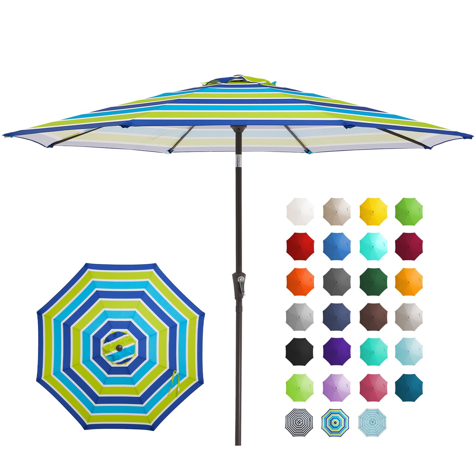 JEAREY 9FT Outdoor Patio Umbrella Outdoor Table Umbrella with Push Button Tilt and Crank, Market Umbrella 8 Sturdy Ribs UV Protection Waterproof for Garden, Deck, Backyard, Pool (Blue-Green Stripe)