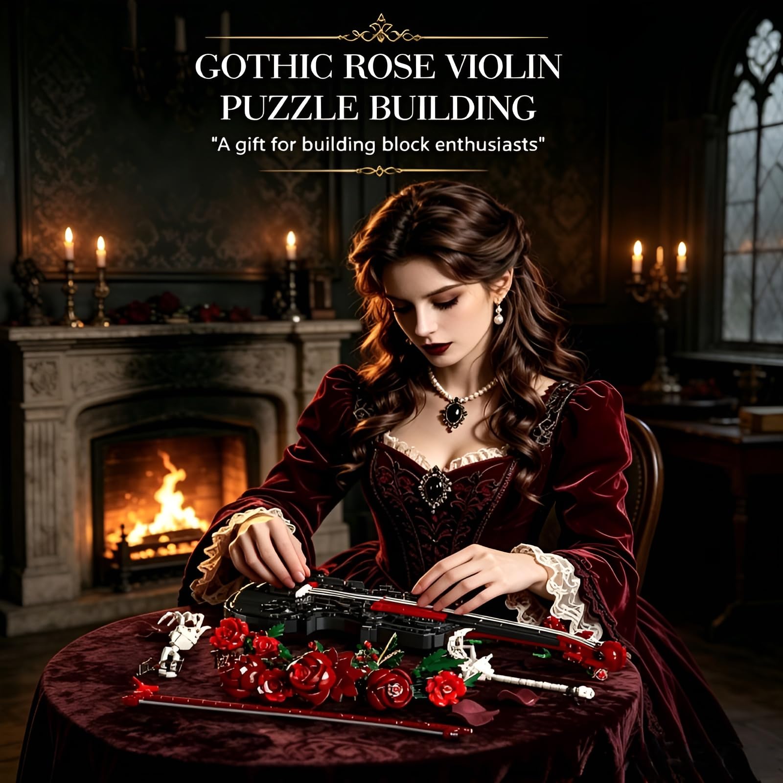 Gothic Rosen Geigen Bauklötze Set, 1429 Teile Sammlbares Musikinstrument Modell mit Skelett Händen & roten Rosen, Dekoratives Baukasten Display für Erwachsene & Teenager