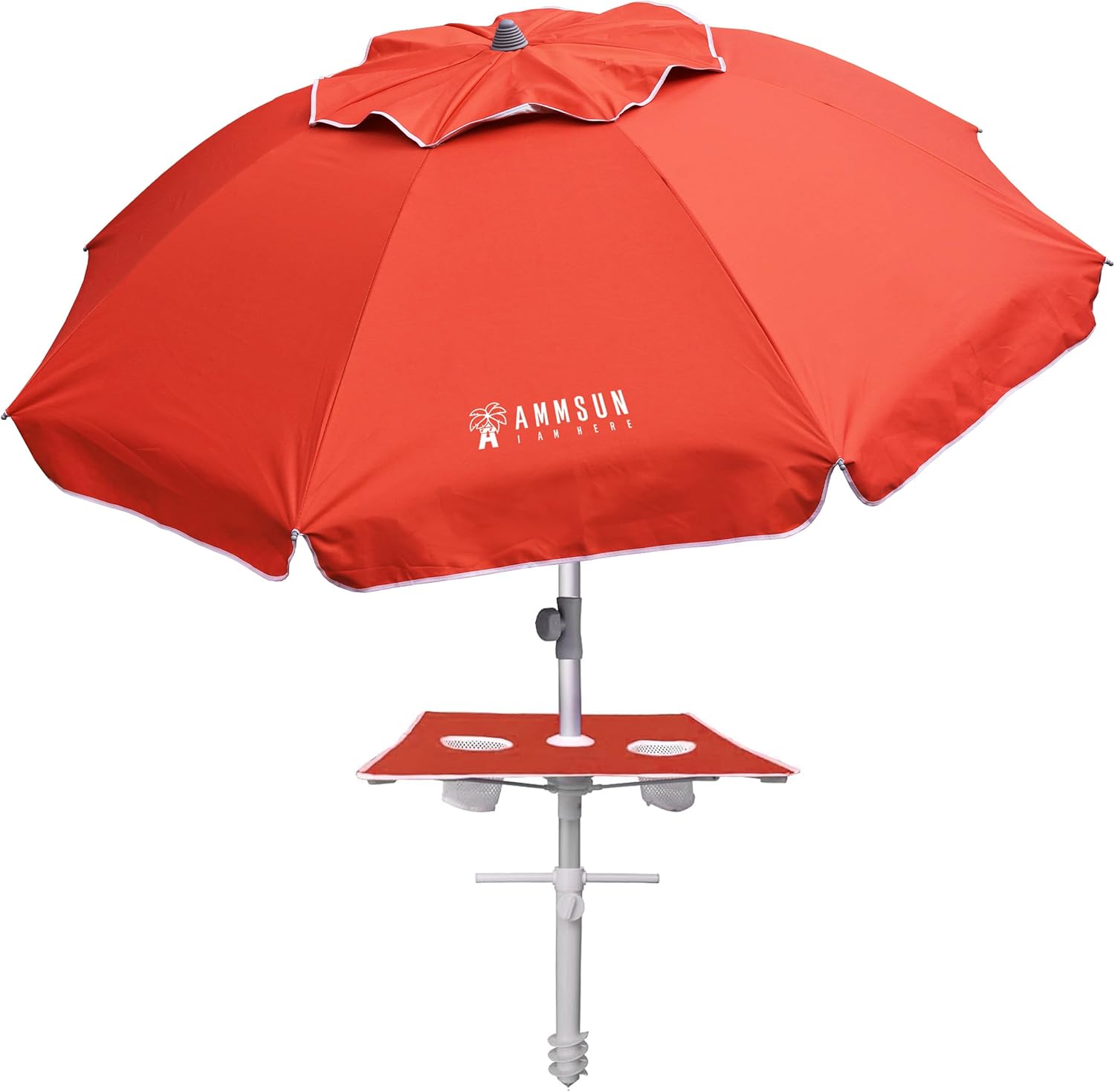 AMMSUN 7ft Heavy Duty High Wind Beach Umbrella with sand anchor Built-in Table Tray Vent Tilt Pole, UPF 50+ Windproof Portable Outdoor Umbrellas Carry Bag for Patio Garden Pool Backyard Red Solid Red