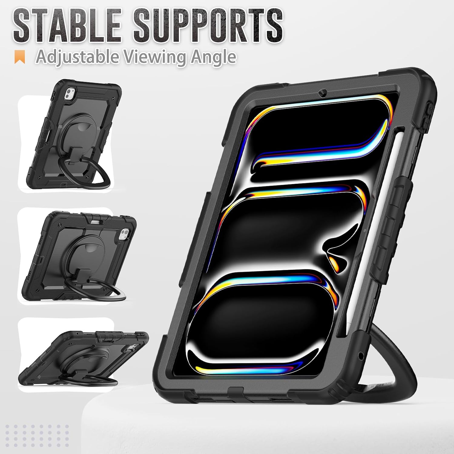 for iPad Pro 11 inch Protective Case M5 2025/M4 2024: Heavy Duty Shockproof Case with Pencil Holder - 360°Rotating Handle/Stand - Screen Protector - Shoulder Strap for iPad Pro 11 M5/M4, Black