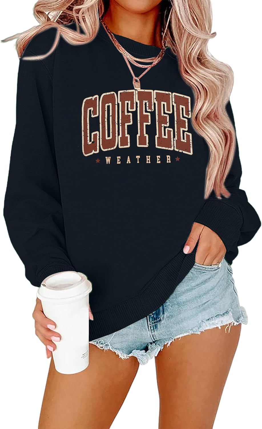Coffee Sweatshirt for Women Coffee Weather Crewneck Sweatshirt Casual Autumn Fall Long Sleeve Shirt