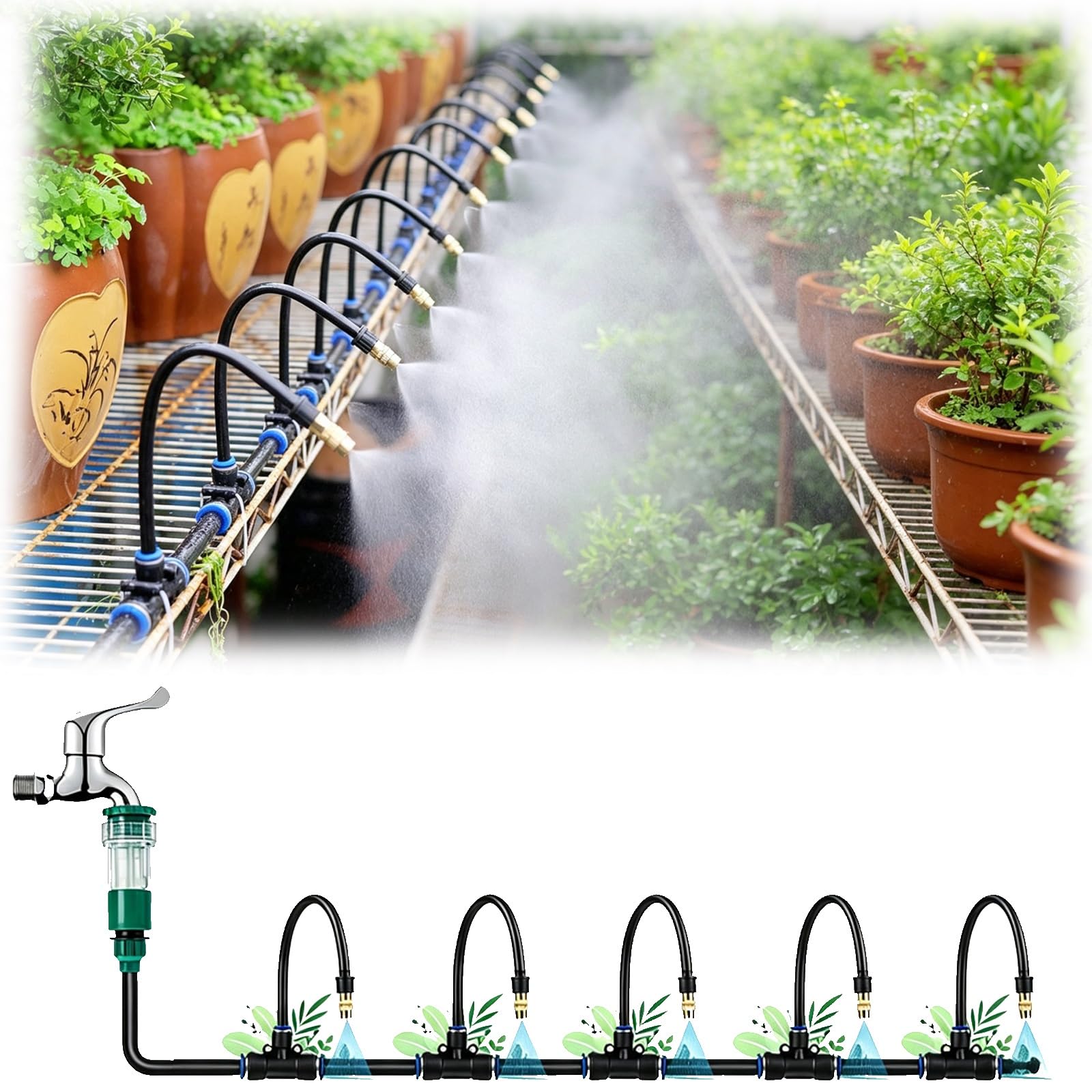Kit De Riego por Aspersión para Jardín, Systems De Riego | Fácil Instalación (hazlo Tú Mismo), Conexión A Prueba De Fugas, Flexible Y Ahorra Agua; Para Camas(30m(98.4ft))