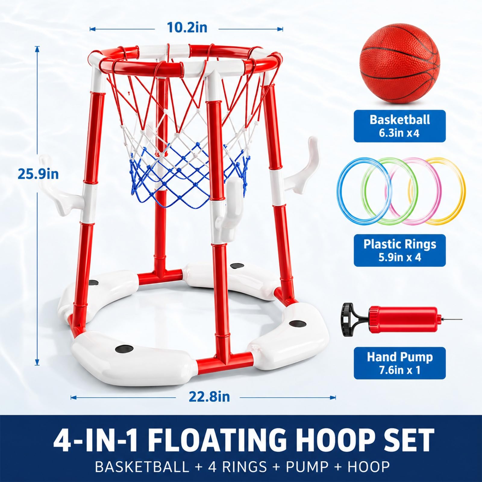 2-in-1 Pool Basketballkorb Ringwurfspiel 4 Bällen 4 Ringen Pumpe Wasserspielzeug Rot