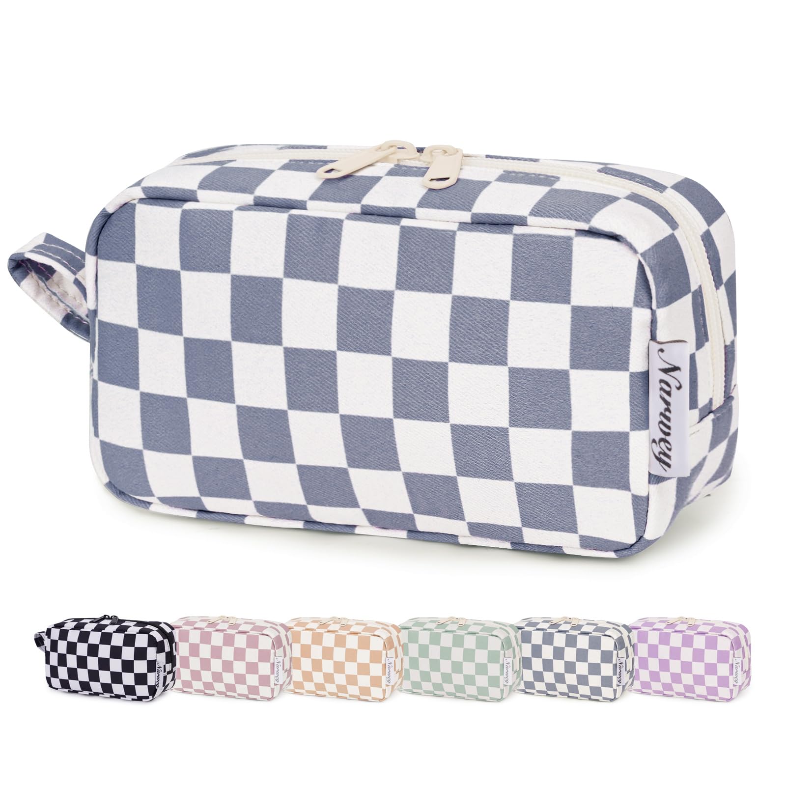 Narwey Small Checkered Makeup Bag for Purse Travel Makeup Pouch Mini Cosmetic Bag Zipper Pouch for Women (Grayish Blue Checkerboard, Small)