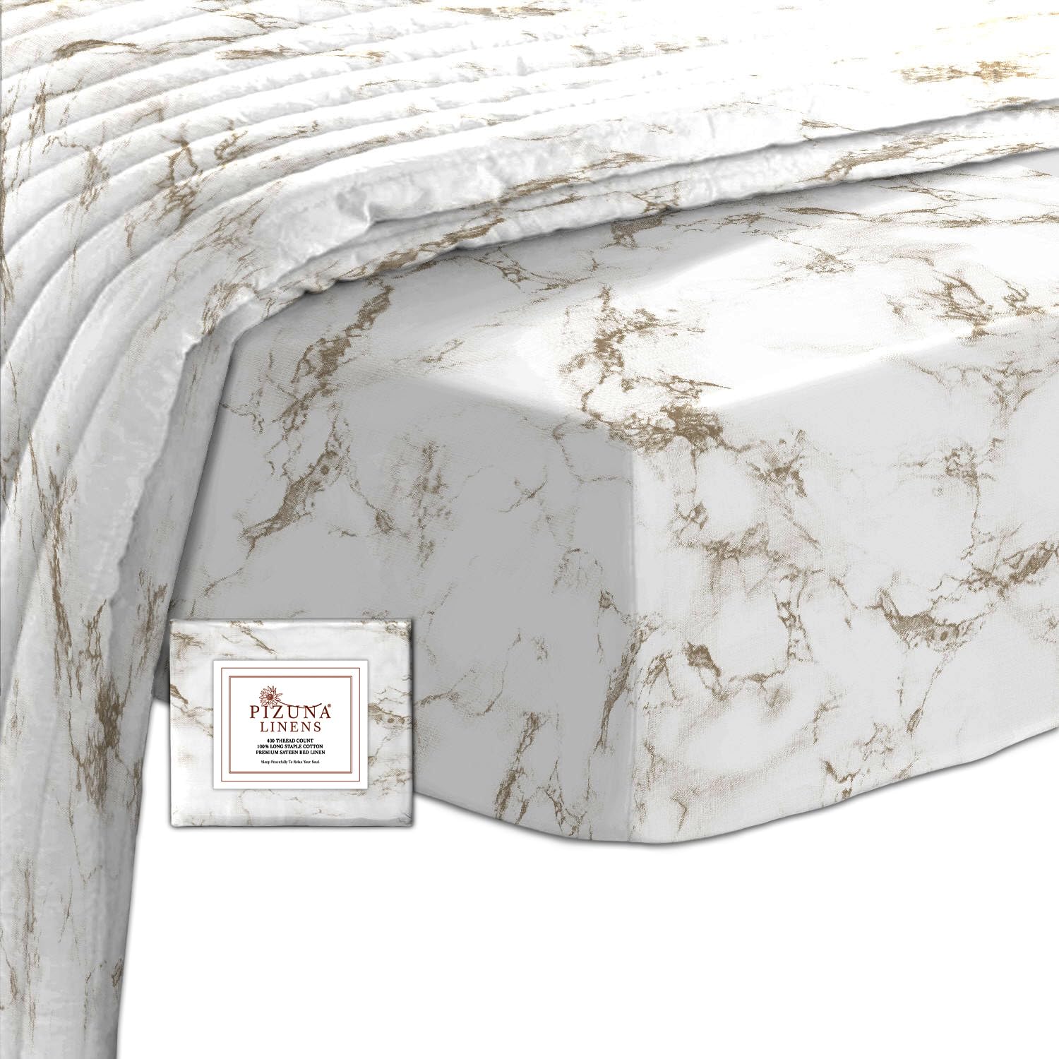 Pizuna Carrara Marble Taupe Cotton Printed Fitted Sheets Double Bed 400 Thread Count 100% Long Staple Sateen Cotton Printed Double Fitted Sheet 140X200 Of 40 Cm Deep Pocket 1 Pc (Bed Sheets Double)