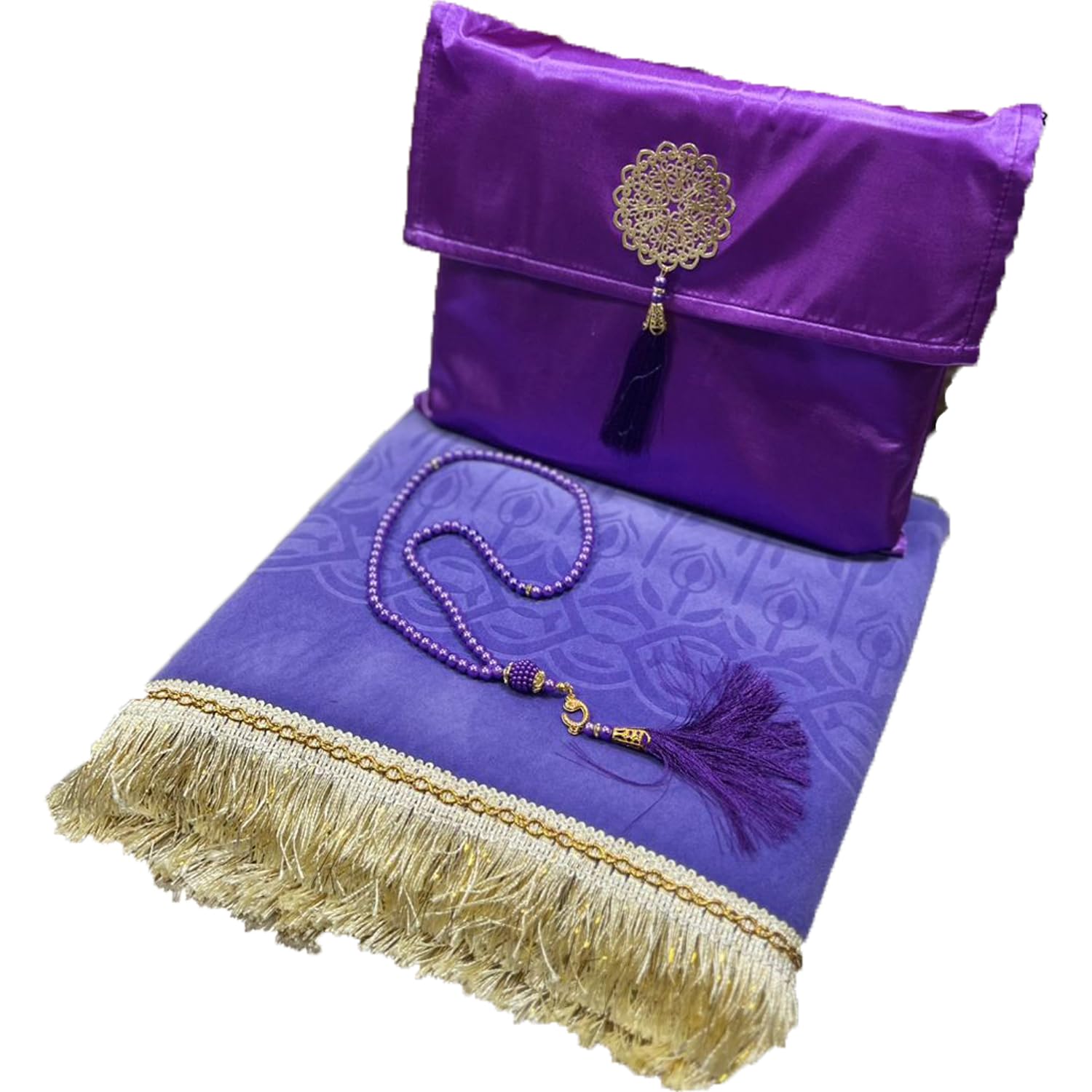 Safwa® Tapis de prière Islamique uni et Chapelet Tasbih Musulman avec Coffret Cadeau Pochette élégant Meilleur idée Cadeau Islamique Ramadan Aïd Hajj Umrah Mariage Gift, Sajada en Velours (Violet