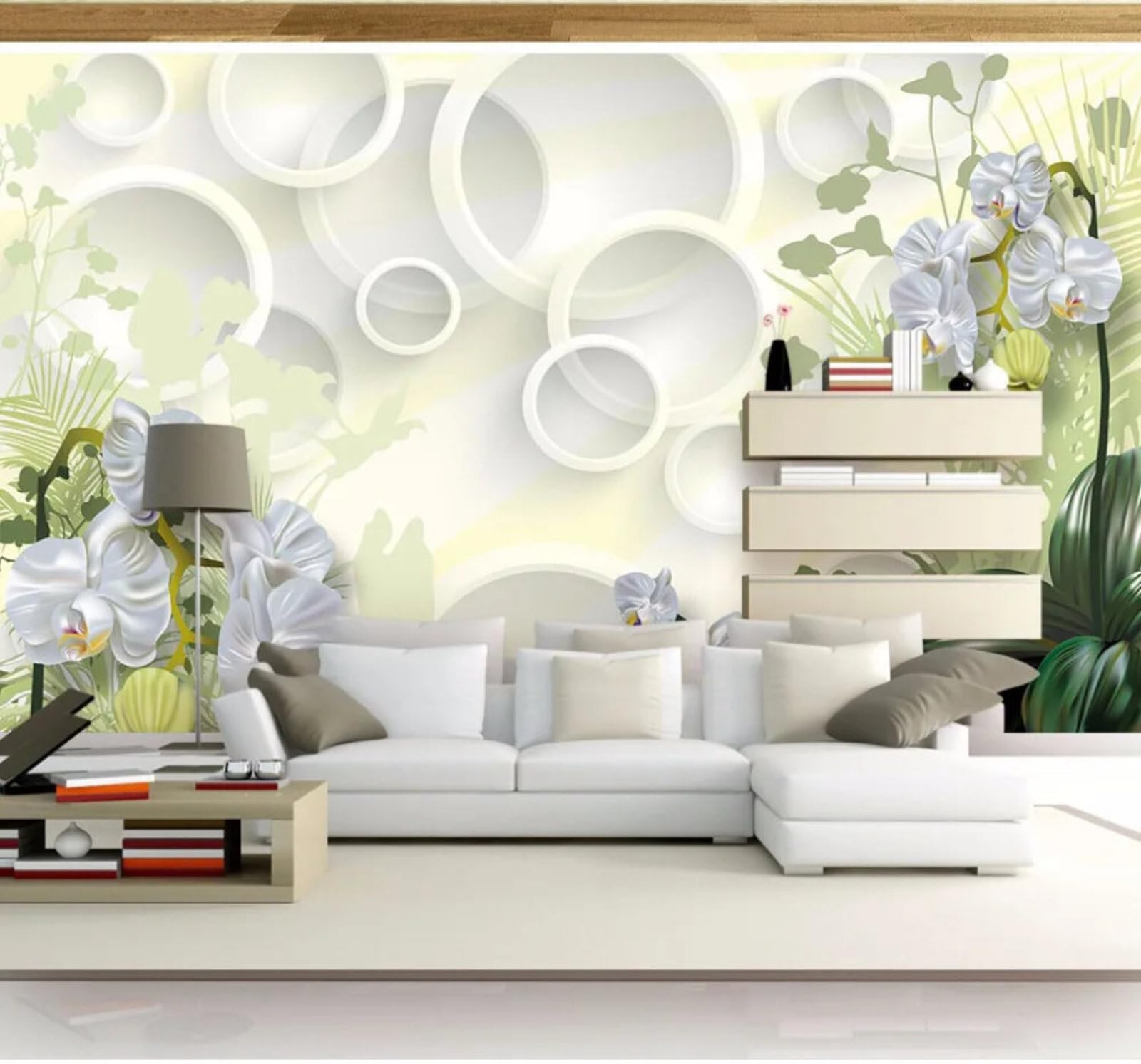 Wallpaper-3D-Xlm 300Cm×210Cm(B×H) Creative White Circle Fresh Flowers 3D Wallpaper Easy Install Feature Office Living Room Sofa Bedroom Tv Background Wall Decoration-300Cm×210Cm