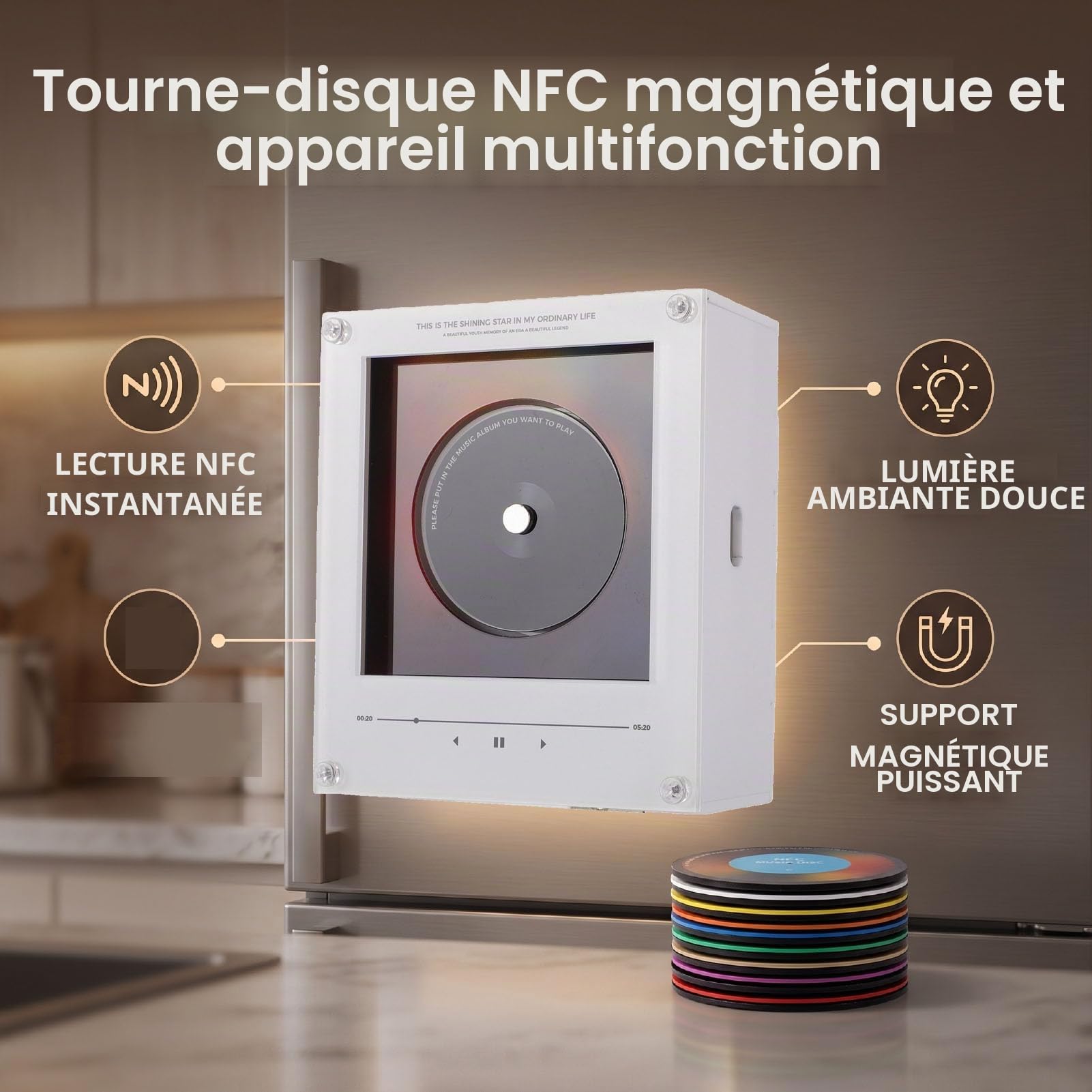 Sxhlseller Lecteur Magnétique de Réfrigérateur de Musique NFC 256 Go avec Disques – Mini Tourne-Disque Magnétique avec Lumière, Liste de Lecture Personnalisable, Aimant de Réfrigérateur pour Bureau,