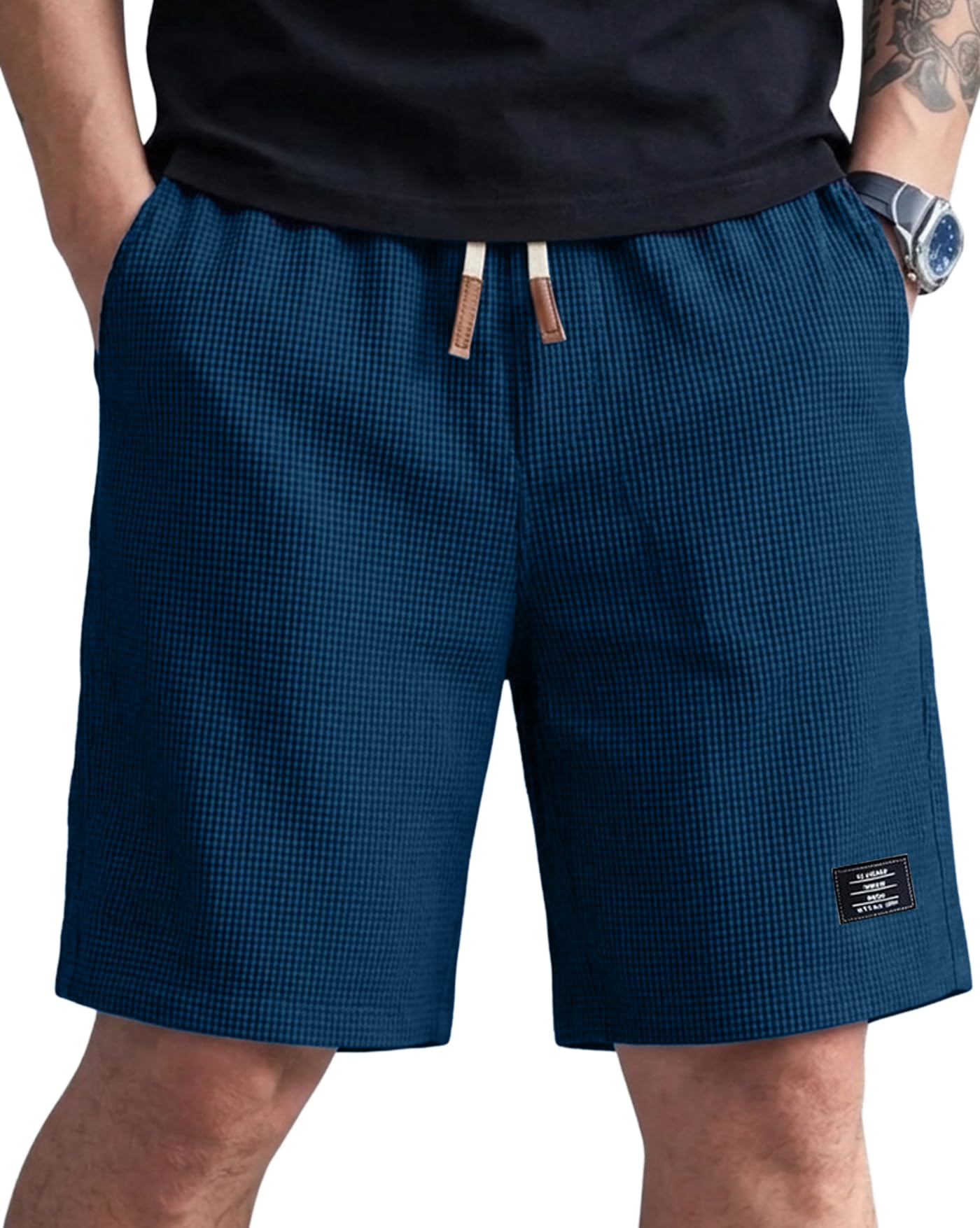 Men Solid Drawstring Waist Casual Knee Length Shorts, Solid Men Beige Basic Shorts-image-7