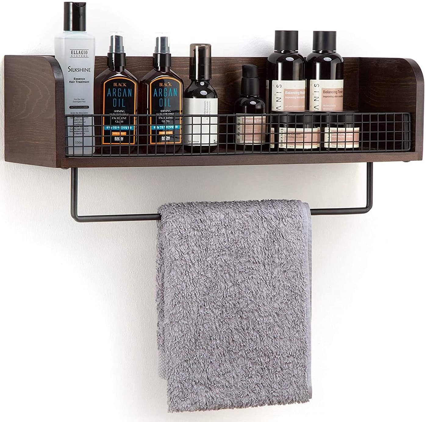 J JACKCUBE DESIGN Wall mount Rustic Wood & Black Metal Bathroom Shelf with Towel Bar, Hanging Storage shelves, Decorative Floating Rack Modern Organizer - MK459A