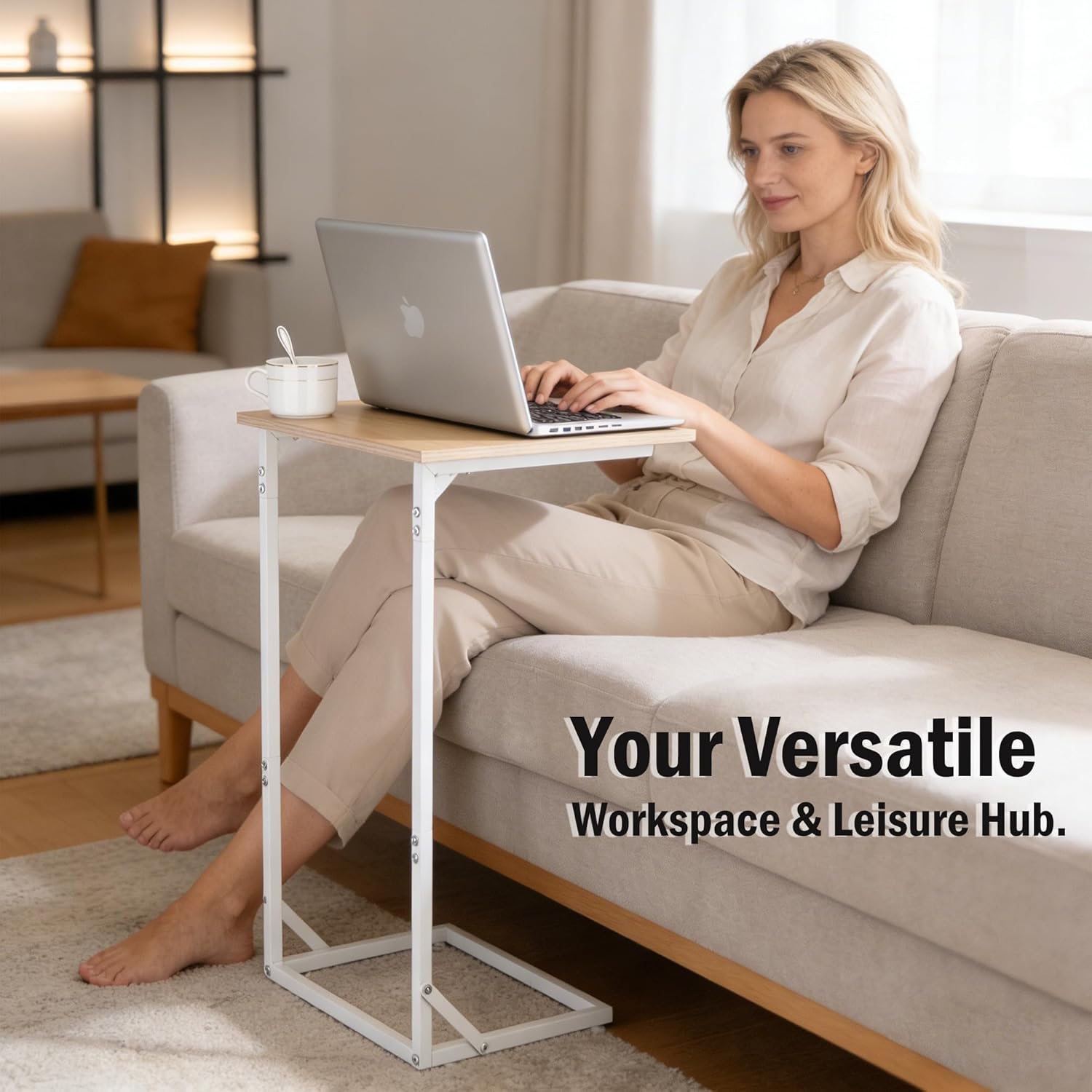 C Shaped End Table for Couch, Small Side Table for Living Room & Bedroom, Slide Under Sofa Table for Laptop, Coffee, Snacks, Easy Assembly, Modern Design