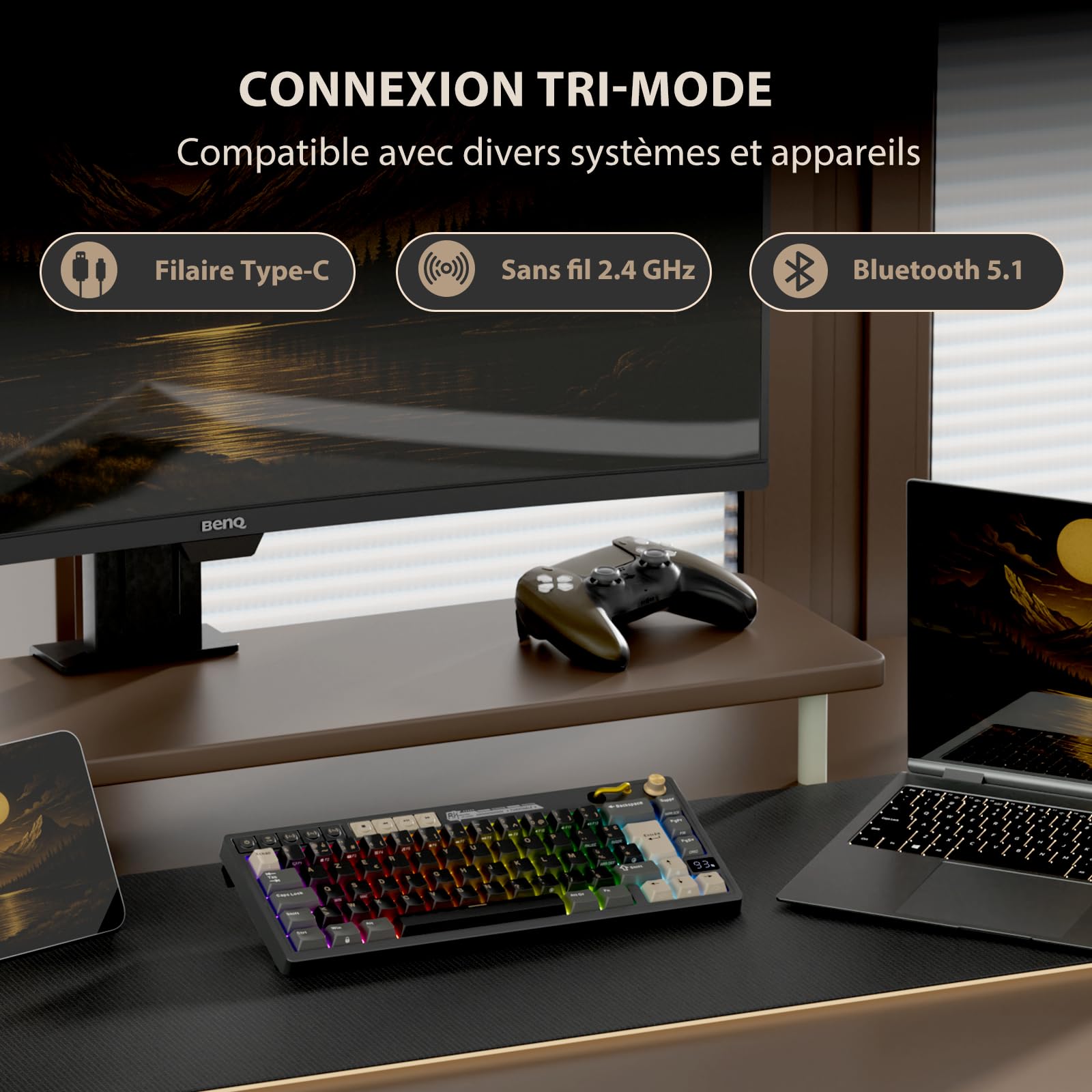 RK ROYAL KLUDGE M65 Clavier Mécanique 60% Compact - Triple Connexion (Bluetooth/2.4G/USB-C), Clavier azerty sans Fil RVB, Hot-Swap, Bouton, Batterie 6000mAh, PBT keycaps, Creamy Switch