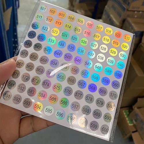 Miniatura 5 de RIVEENY 20 hojas de calcomanías de números láser reflectantes impermeables número 1-1000, calcomanías redondas autoadhesivas, etiquetas