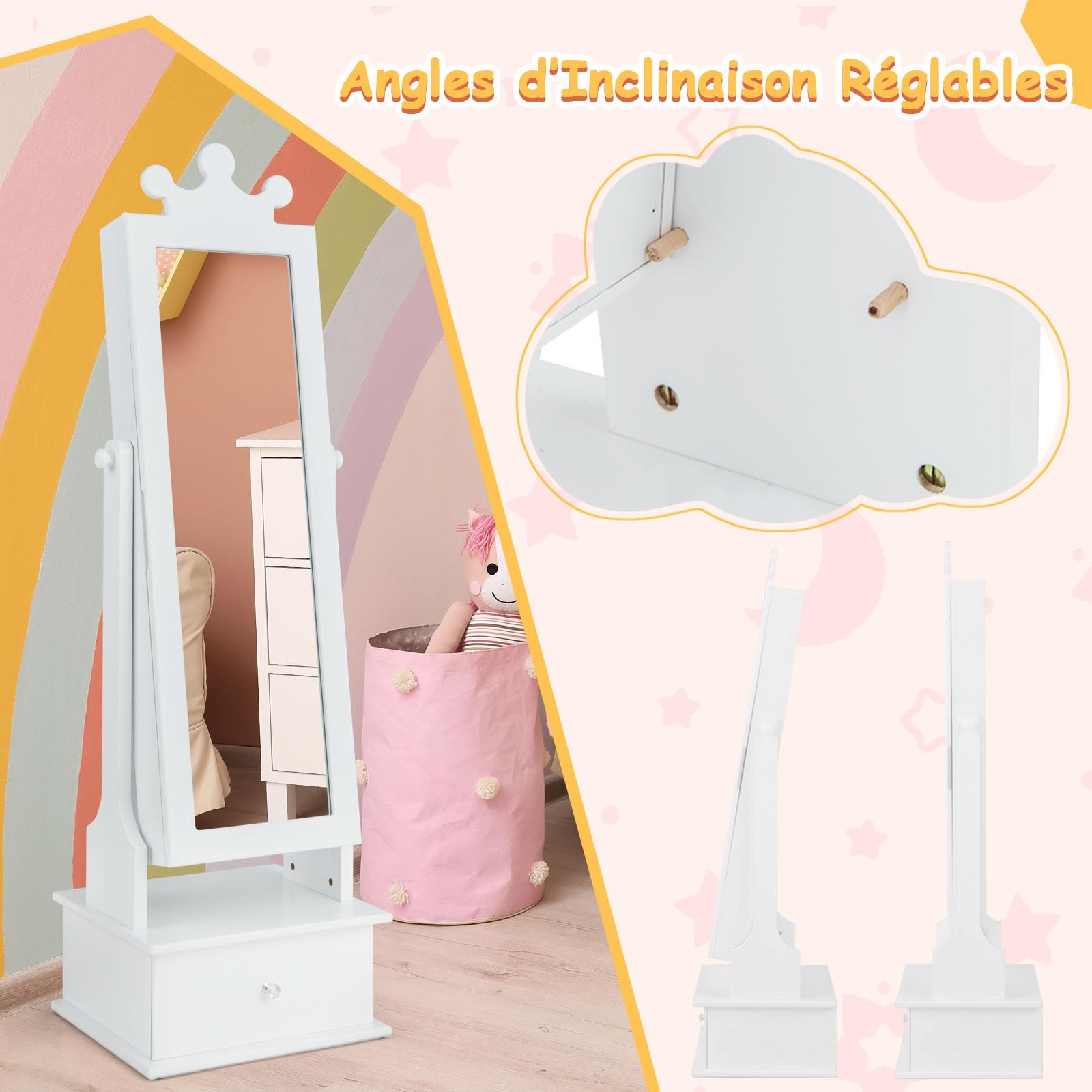 GOPLUS - Armario de joyería infantil con espejo de longitud completa, organizador de joyas con 3 cajones y 4 estantes de almacenamiento, 13 ganchos y 18 ranuras para pendientes, rosa (blanco)