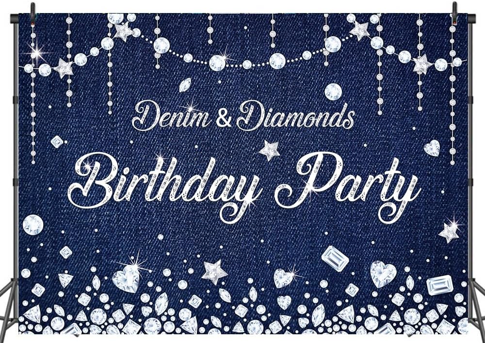 Denim and Diamonds Birthday Party Backdrop Navy Blue Diamonds Happy Birthday Denim Photography Background Banner Party Decorations 8x6ft
