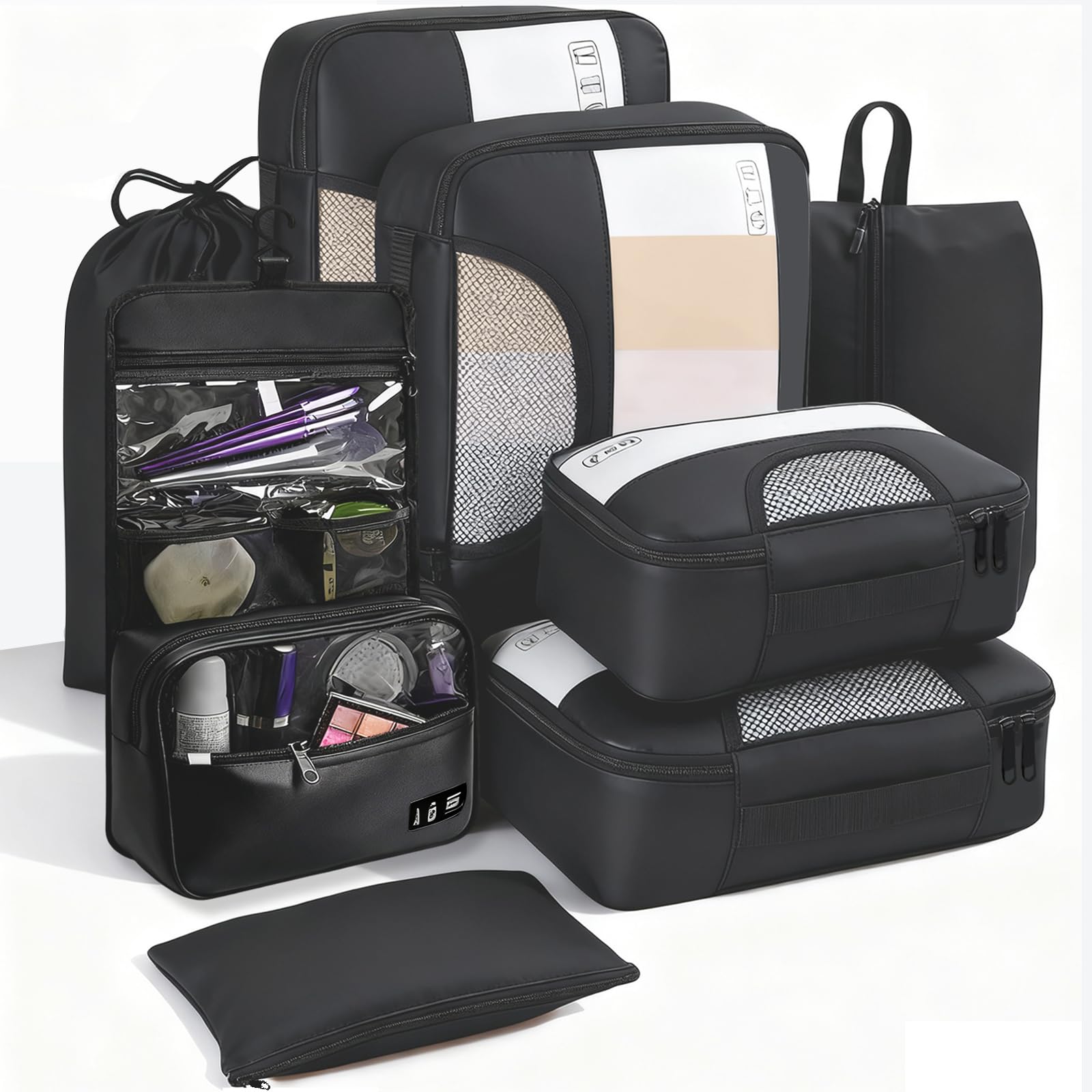 8-Pack Travel Packing Cubes Set, Oxford Fabric Luggage Organisers for Suitcase, Packing Cubes for Backpack, Visible EVA Luggage Organiser Bags, Compartment Packing Storage Bags for Travel/Home-Black
