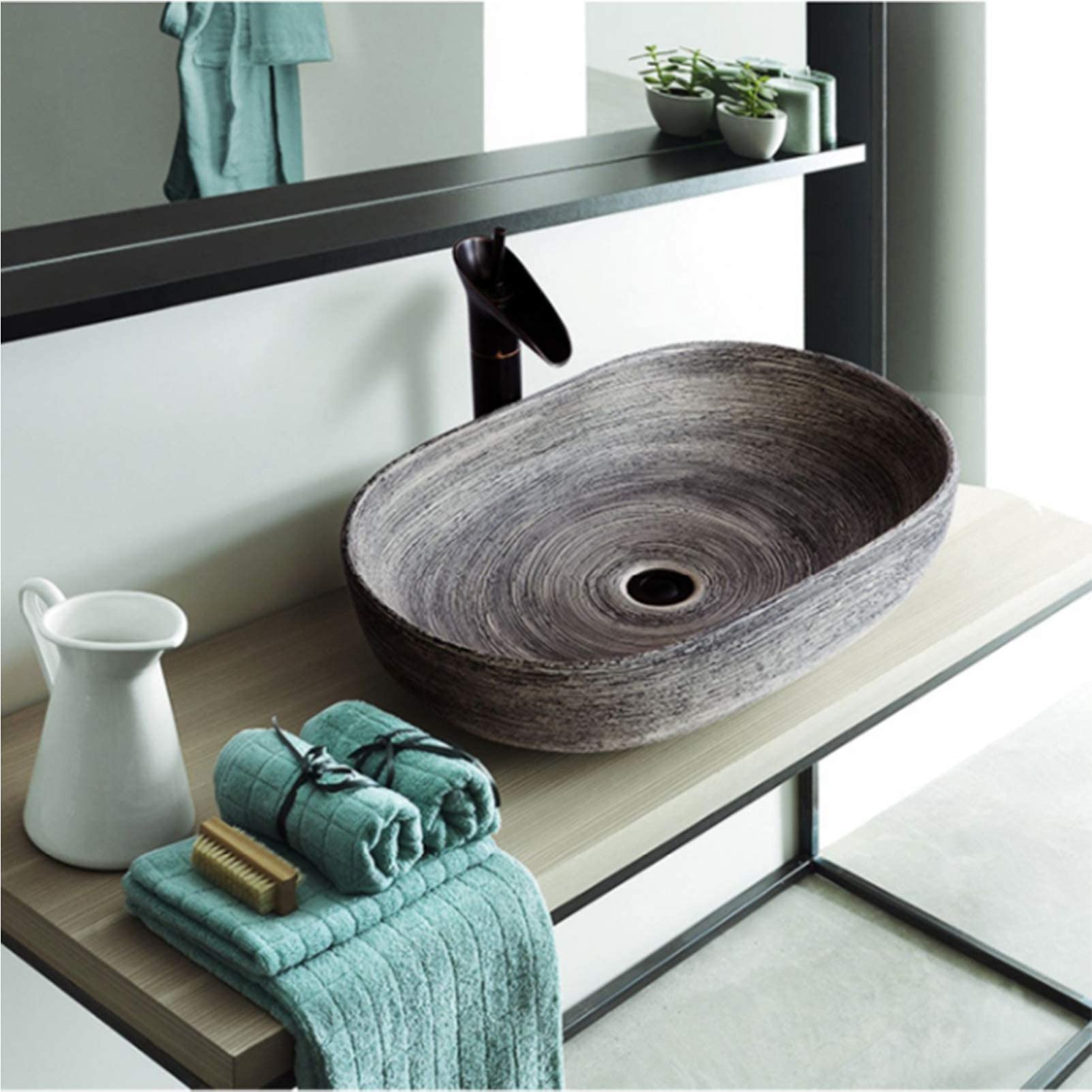 Amazon.co.jp: 現代の容器の流し、楕円形の陶磁器の洗面台の浴室の