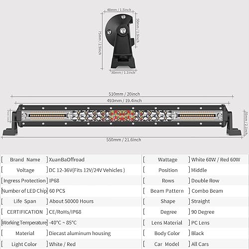 Miniatura 2 de Barra de luz LED de 20 pulgadas, luz estroboscópica blanca y roja, 4 x 4, luz de marcha atrás, antiniebla, para remolque, camioneta, ATV, coche,