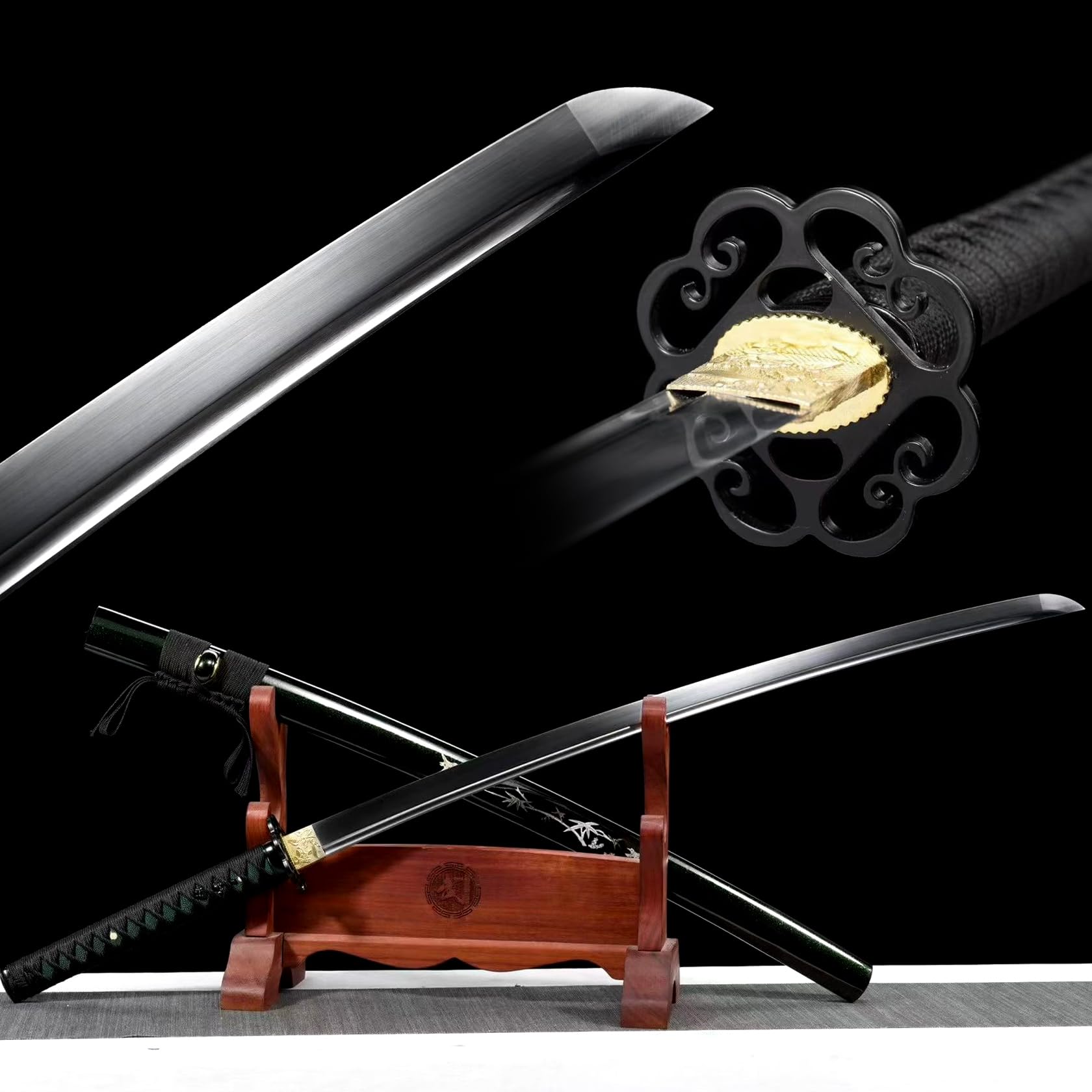 [Schönheit kalter Waffen] Federstahl Samurai-Schwert,Japanisches Katana mit Holzsaya,handgefertigt traditionelles Samuraischwert für Display,Cosplay,Requisiten,Geschenke,Training – 103cm