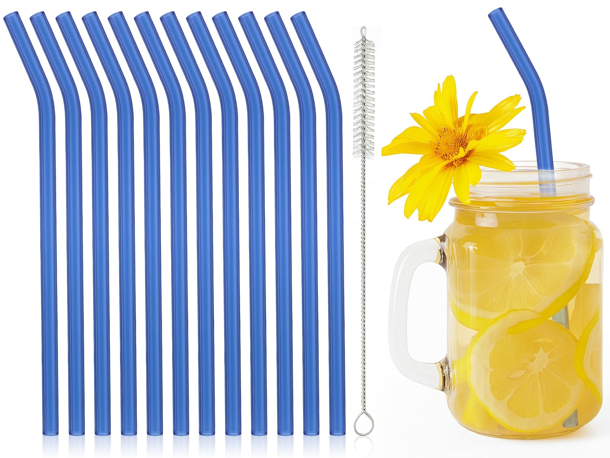 Photo 1 of 12 Pcs Reusable Bent Glass Drinking Straws,8"x 8 mm Light Blue Short Glass Drinking Straws with Cleaning Brush,Shatter Resistant for Tea, Smoothies, Milkshakes, Juices,Beverages(Light blue)