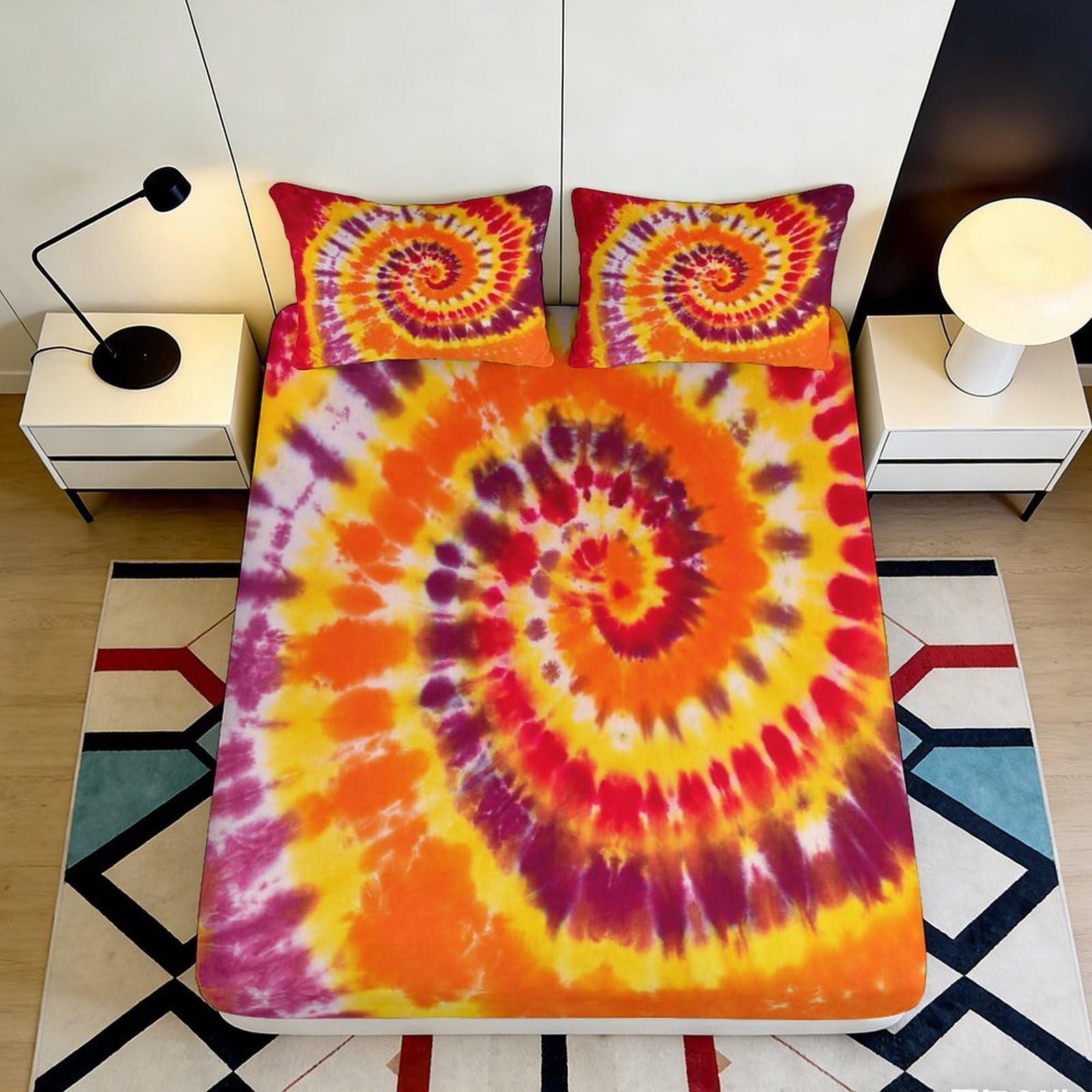 Uxinyoume Style-5 3D Printed Spiral Tie Dye Fitted Sheet Microfiber Soft Orange Purple Swirl Mattress Cover Bedroom Dorm Decor 90X200x25cm