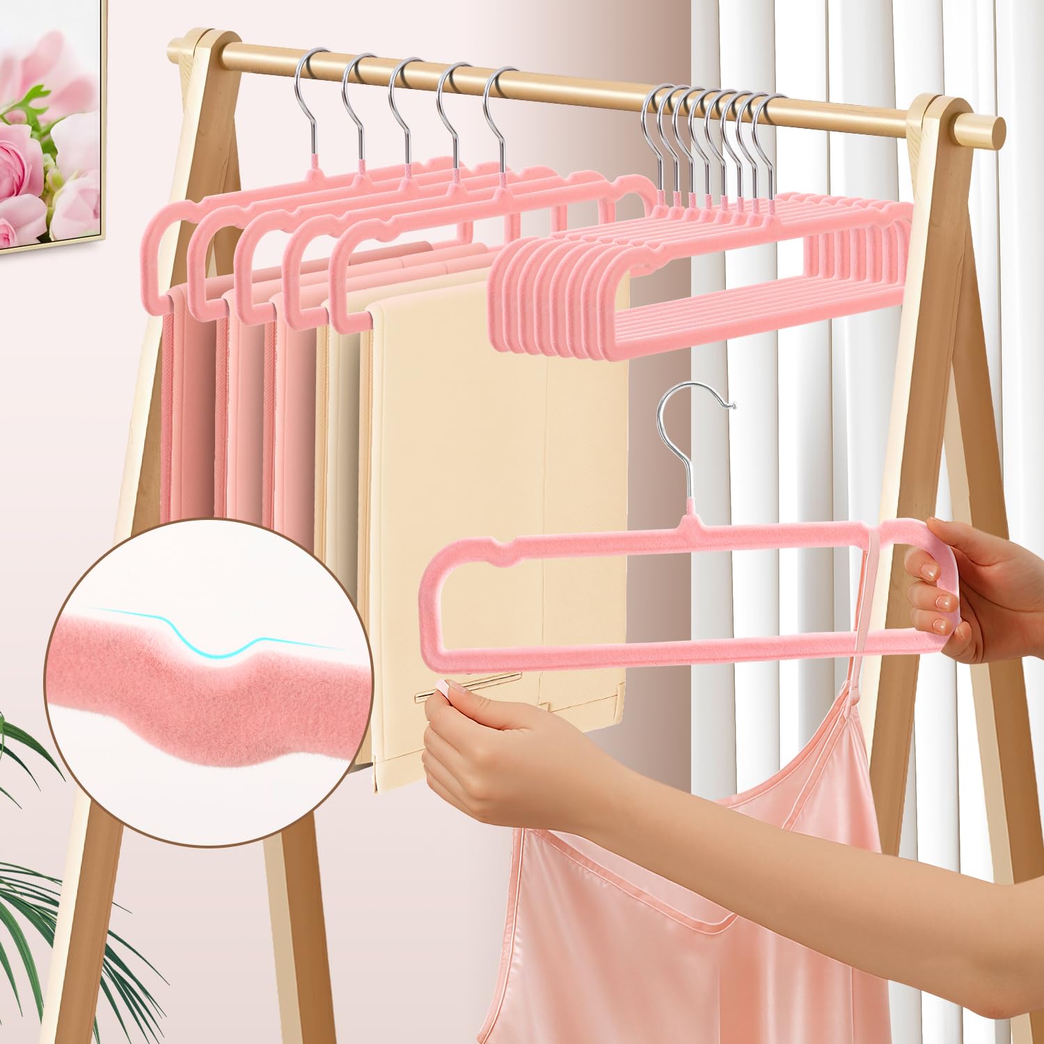 Confezione da 30 grucce in velluto antiscivolo per jeans, con 10 ganci e 2 clip, resistenti, sottili, salvaspazio, con gancio girevole a 360°, per pantaloncini, gonne e reggiseni (rosa)