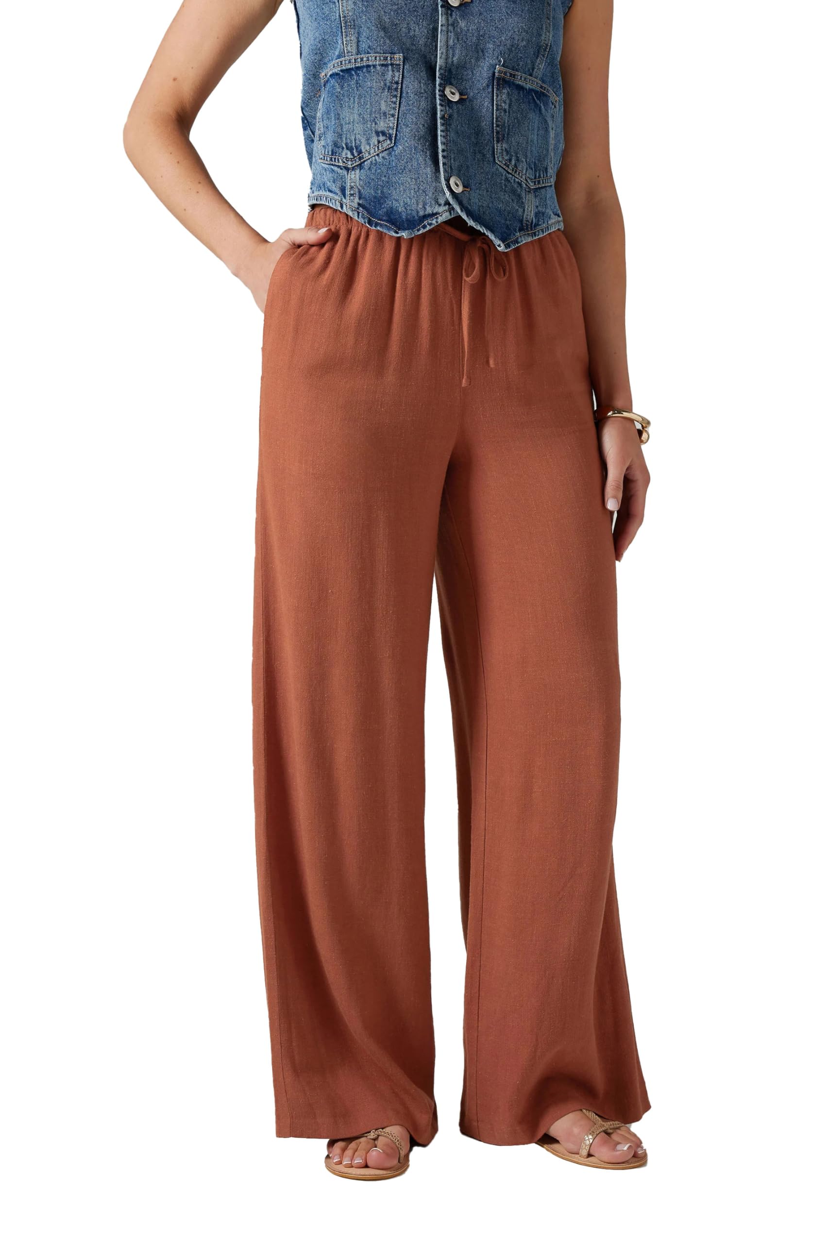 Long Tall Sally Women's Orange - Lts Tall Rust Linen Tie Waist Trousers