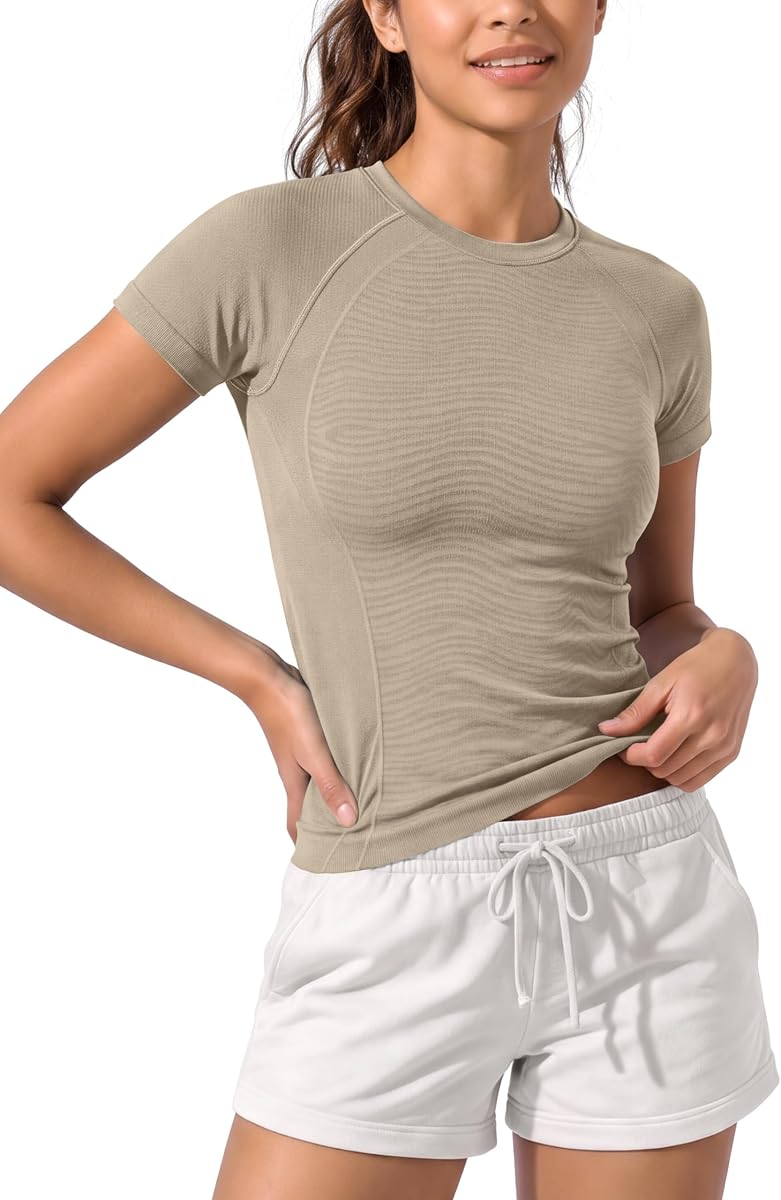 Women's Seamless Performance Short Sleeve T-Shirt - Lightweight Breathable Slim Fit Running Workout Top -Waist Length