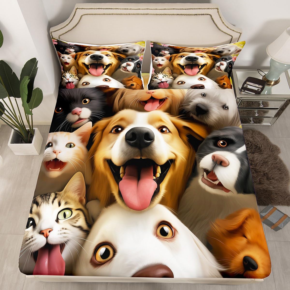 Erosebridal Kids Cartoon Animal Toddler Twin Sheets Kawaii Dog Cat Bed Set for Boys Girls Bedroom Decoration, Cute Kitten Pug Bed Sheets Set Pink Cherry Blossoms Sheet Sets Pet Decor