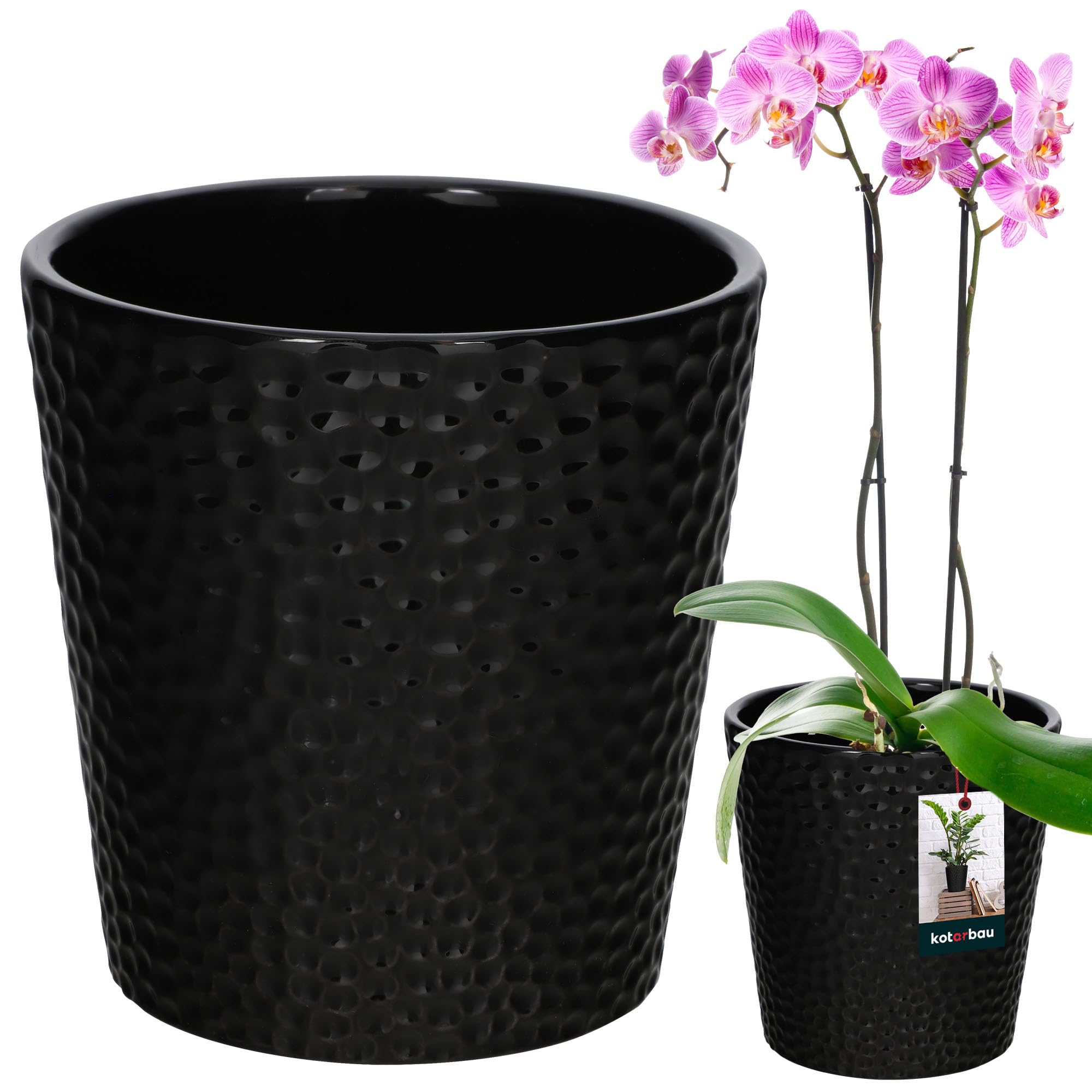 KOTARBAU® Flower Pot Ceramic Glazed Orchid Pot Ceramic Flower Pots Ceramic Flower Pot Ceramic Plant Pot Flower Pot Modern Flower Pots Indoor Plants, black, ⌀ 9,5 cm, Modern