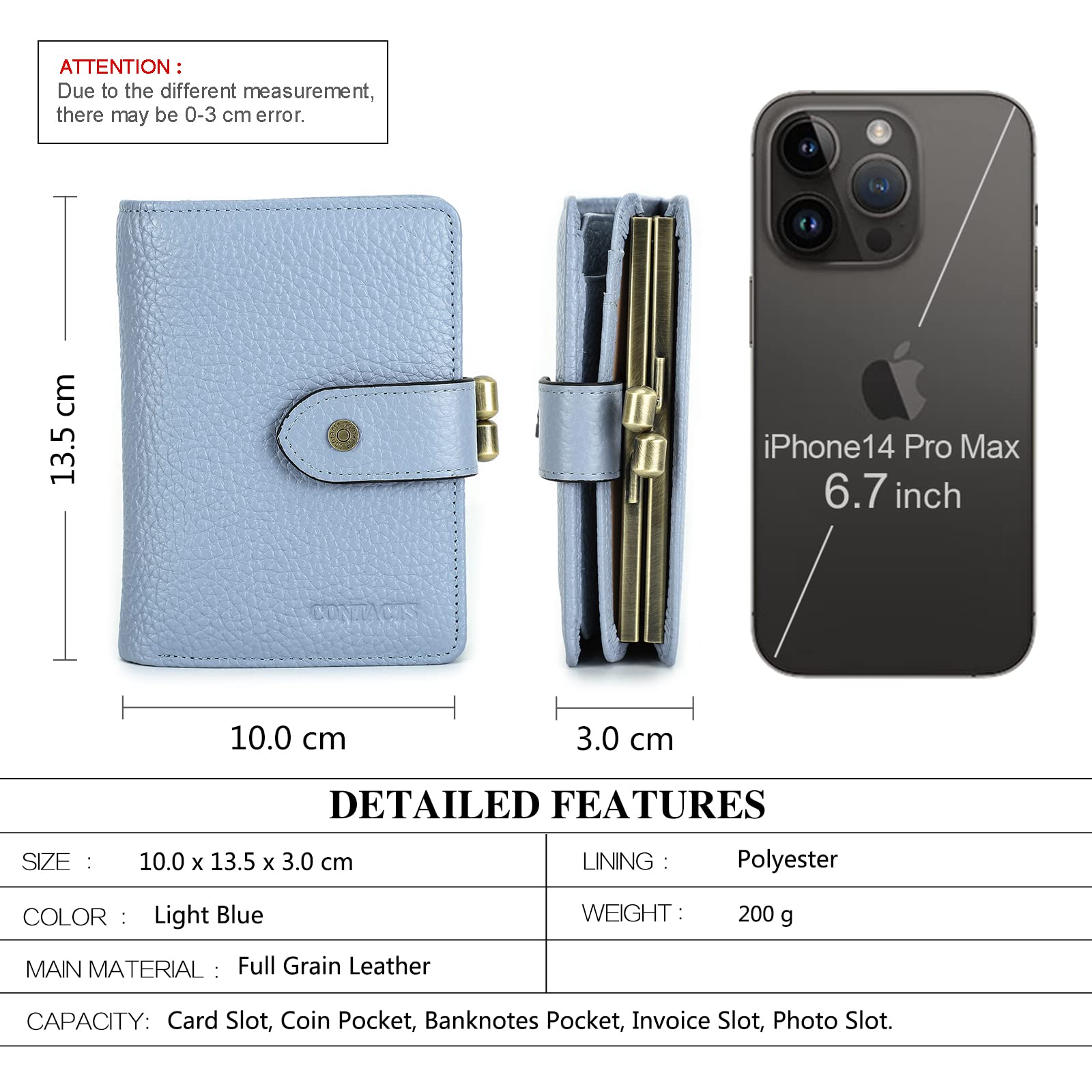 Contacts Portafoglio da donna con chiusura a bacio, RFID 11 scomparti per carte di credito, pochette in pelle bifold con finestra ID, Azzurro, S, Casual