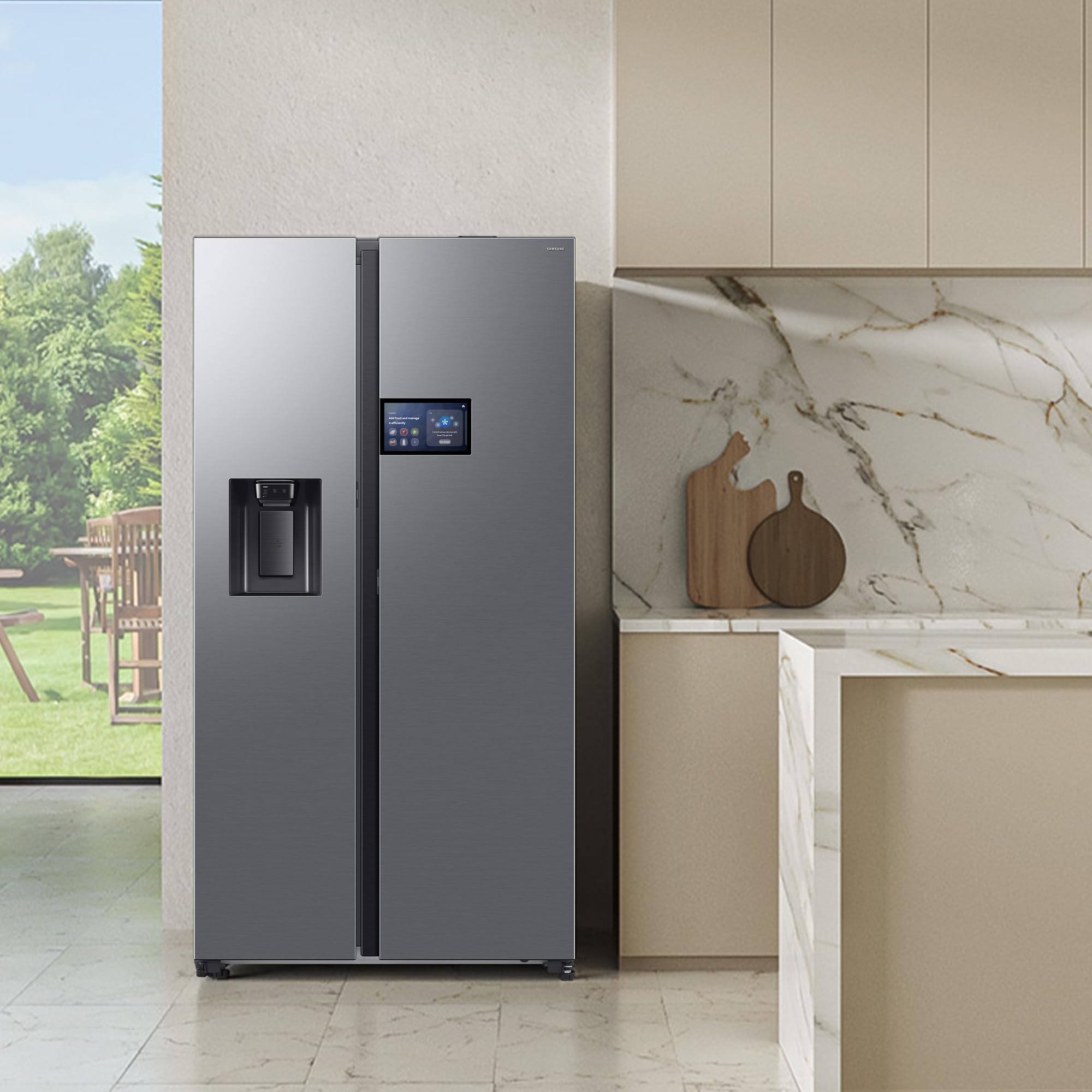 Samsung RS90F65EDTEF Side-by-Side Kühl-Gefrierkombination, AI Kühlschrank mit Gefrierfach, 178 cm, 621 l, Eis-/Wasserspender mit Wassertank, AI Home, Voice Control, Edelstahl Look