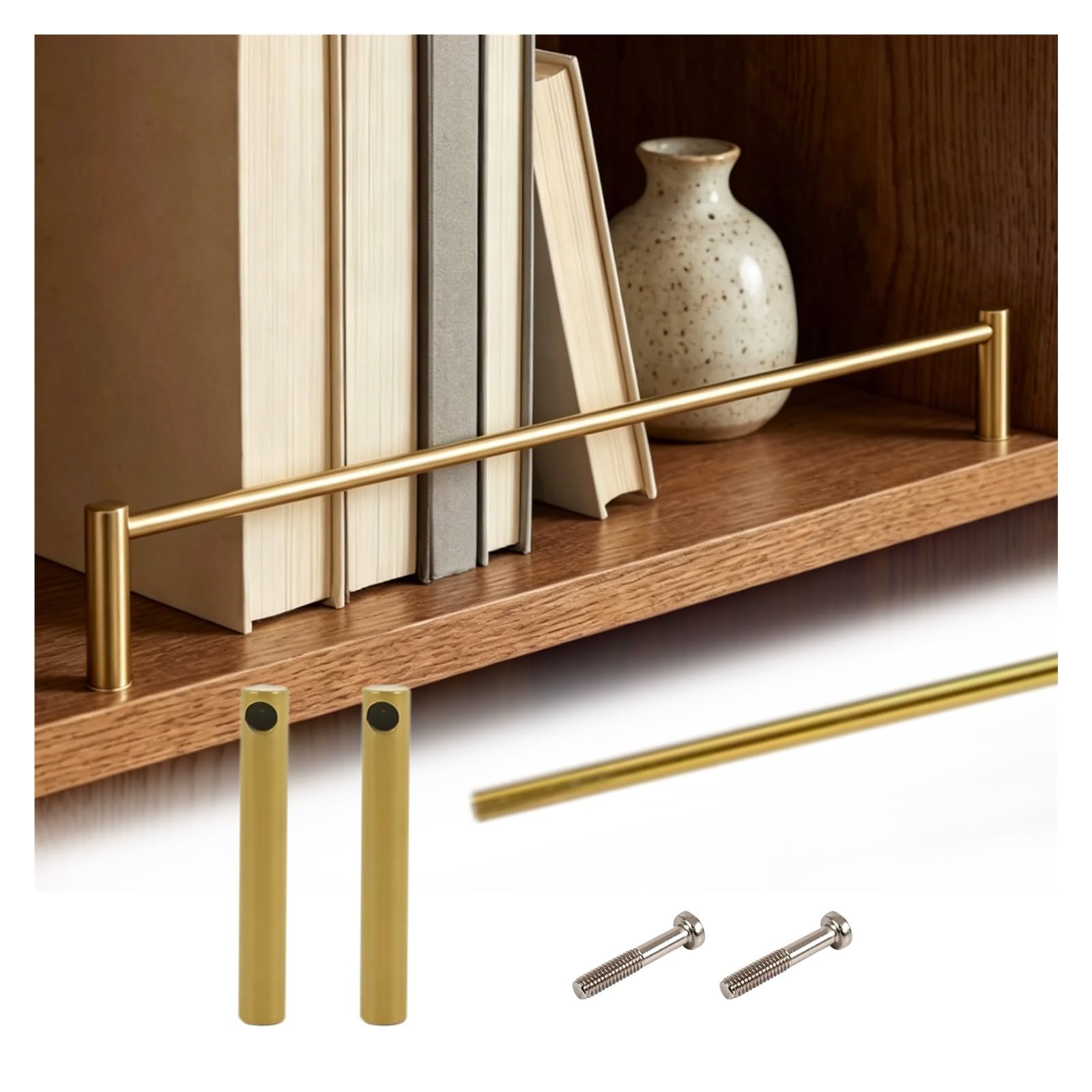 HPHDFS Custom Bookcase Shelf Rail Guard 20-120 cm, Stainless Steel Tipping Rails Set with 2 Spindles, Decor Anti-Fall Cabinet Metal Guardrail Bars for Living Room/RV/Entryway(Gold,L 32cm/12.6")