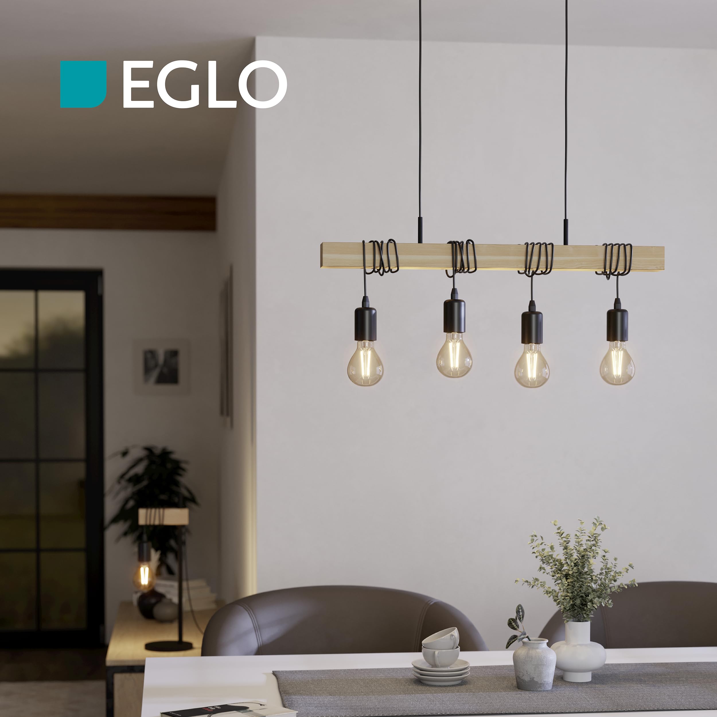 Eglo Suspension en bois vintage TOWNSHEND, lampe de salle à manger rétro | luminaire rétro et industriel à 3 lampes, douille E27, lustre en acier Ø 31 cm, certifié FSC