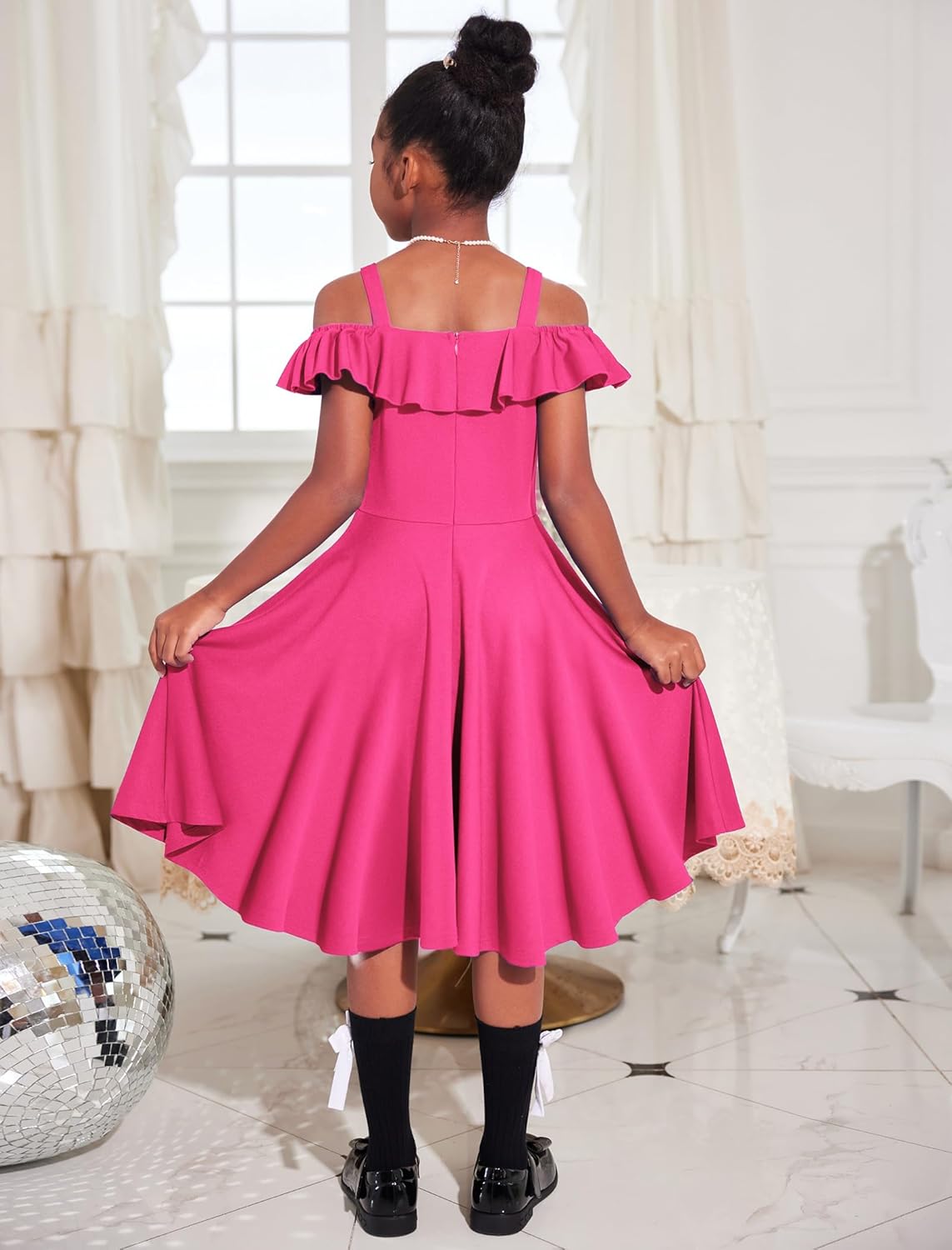 Arshiner Girls Summer Dress Off Shoulder Flutter Sleeve Midi Swing Cassual Formal Dresses with Pocket - Image 5